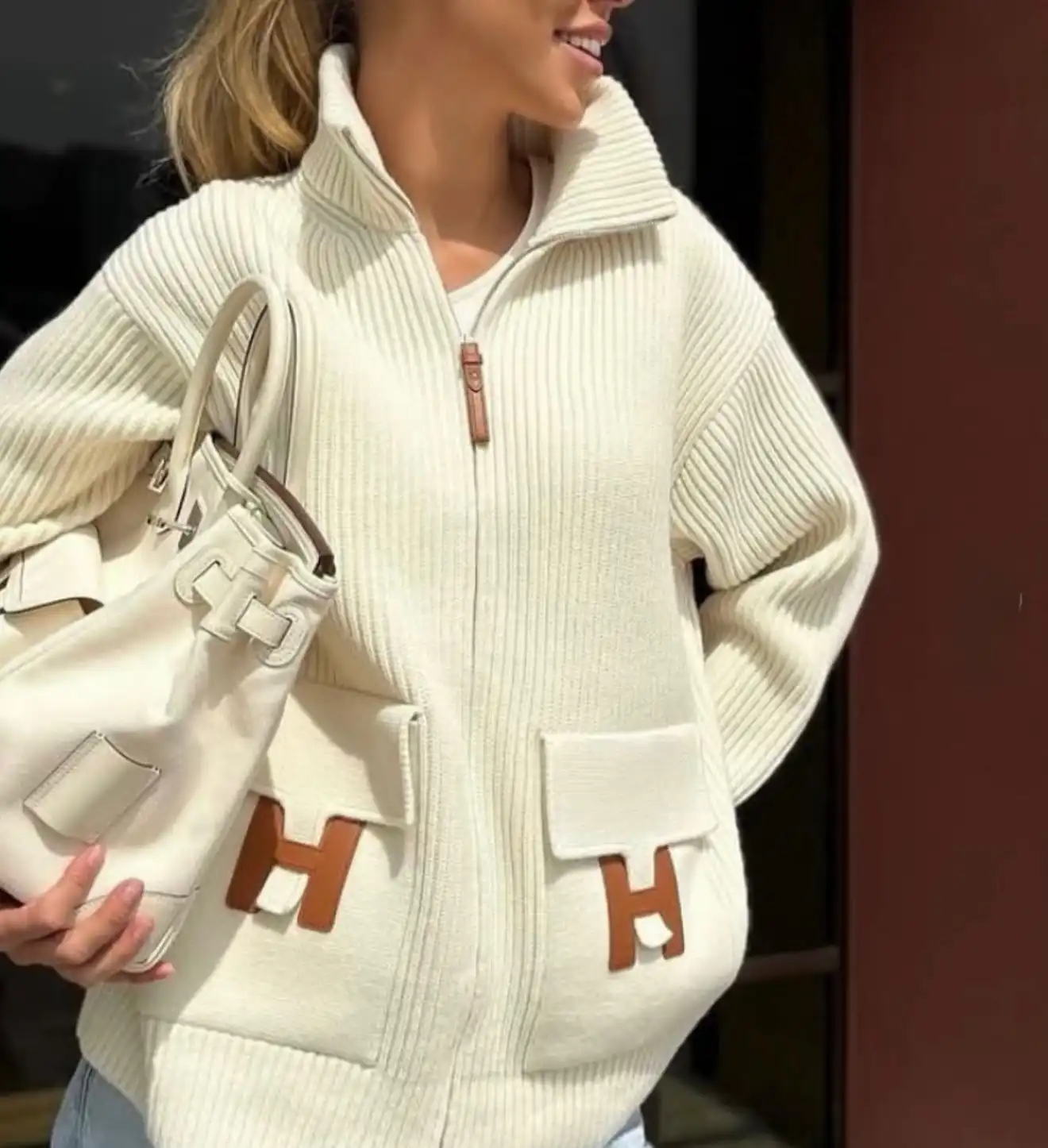 Hermes Hermes H Pocket Blouson Cardigan Ecru in Wool in Naturel Blanc