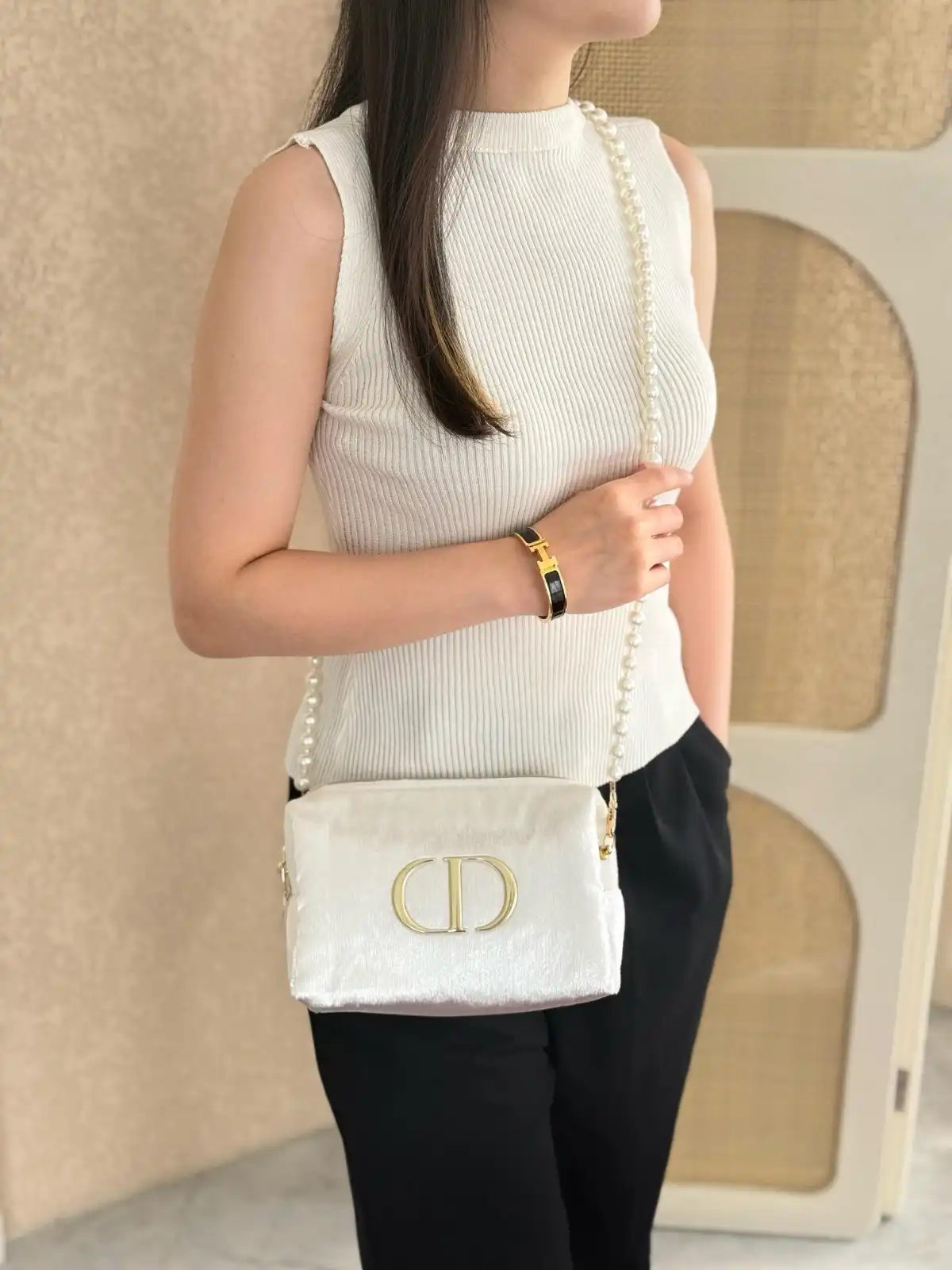 DIOR Dior Pouch Sling Shimmer White Set with Pearl Chain