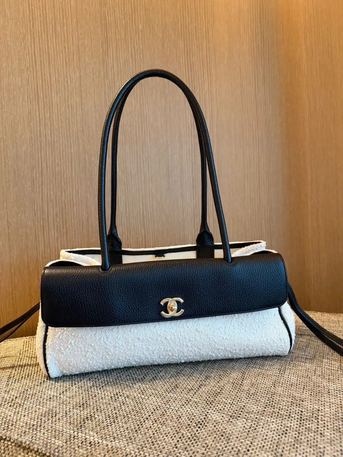 CHANEL Chanel Baguette East West Tote Small Bag Ecru Black GHW