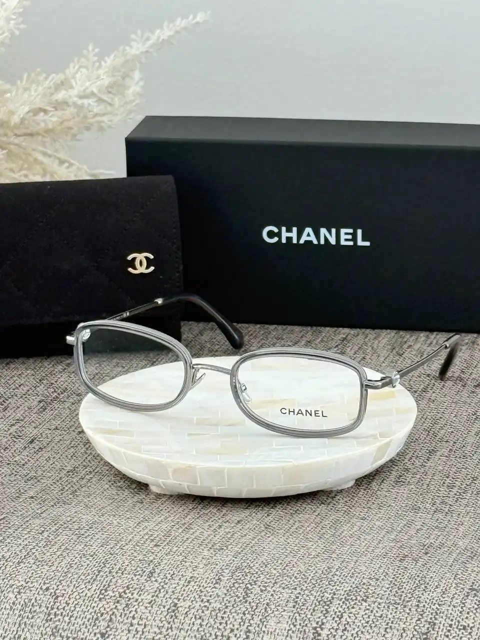 CHANEL Chanel Rectangle Eyeglasses Frame Metal & Pearls With Clear Lenses
