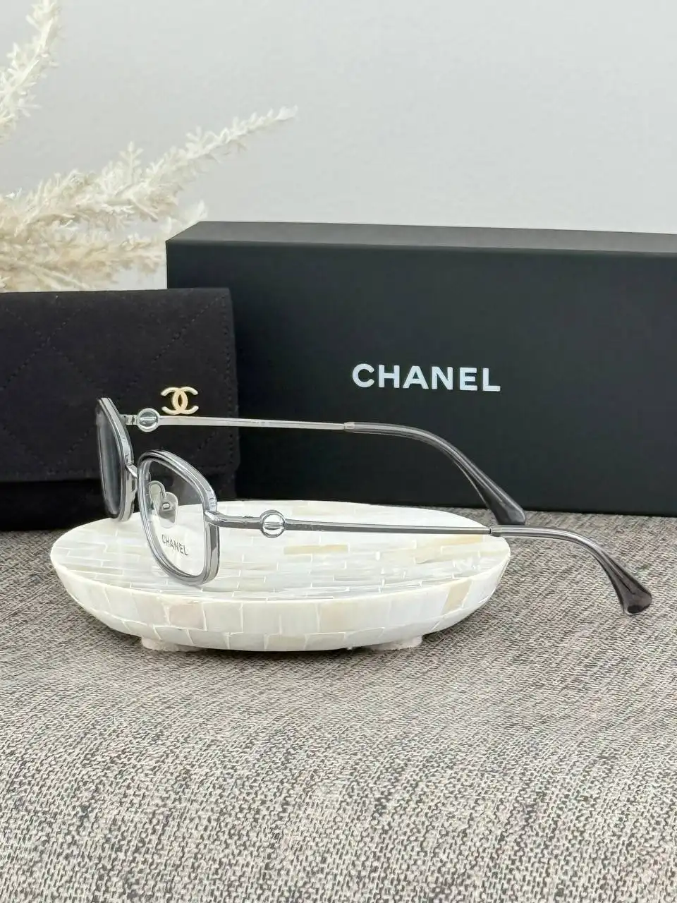 CHANEL Chanel Rectangle Eyeglasses Frame Metal & Pearls With Clear Lenses