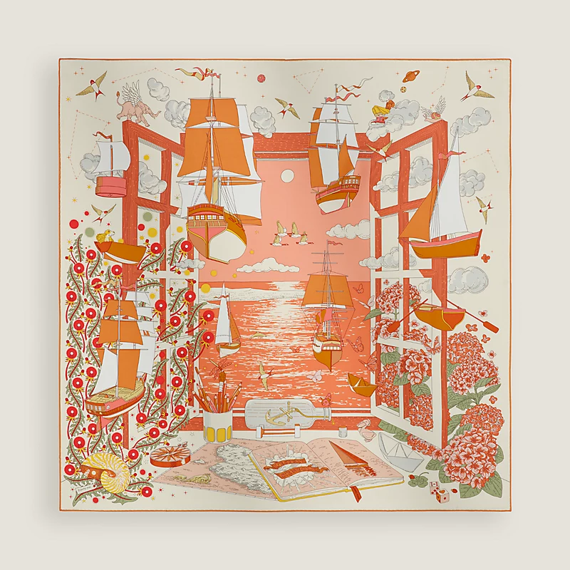 Hermes Hermes LEsprit sEnvole Scarf 90 Creme / Orange Cuit / Vert Amande