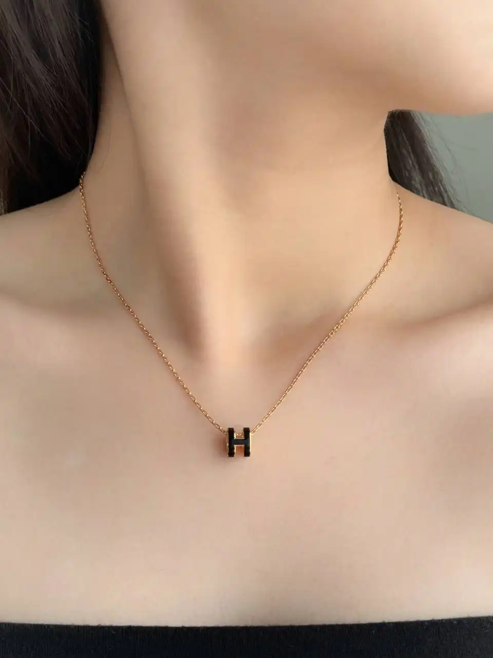Hermes Hermes Mini Pop H Pendant Necklace Black RGHW