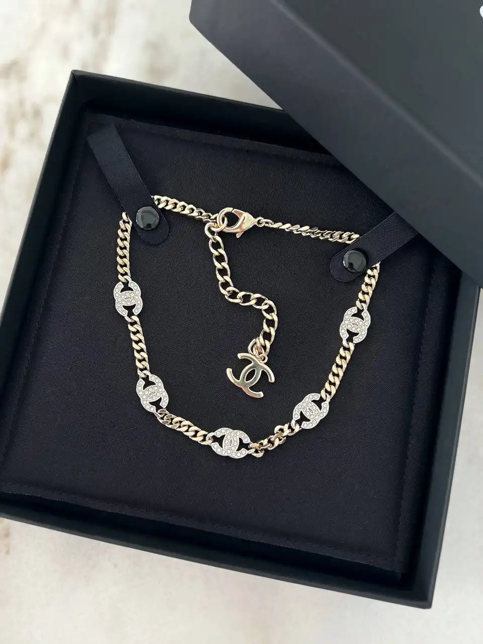 CHANEL Chanel Crystal Necklace Chain CC Choker Gold Silver