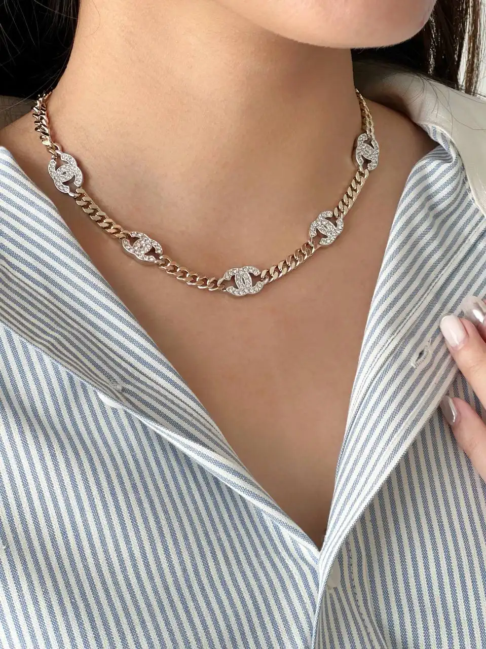 Chanel Crystal Necklace Chain CC Choker Gold Silver - photo 3