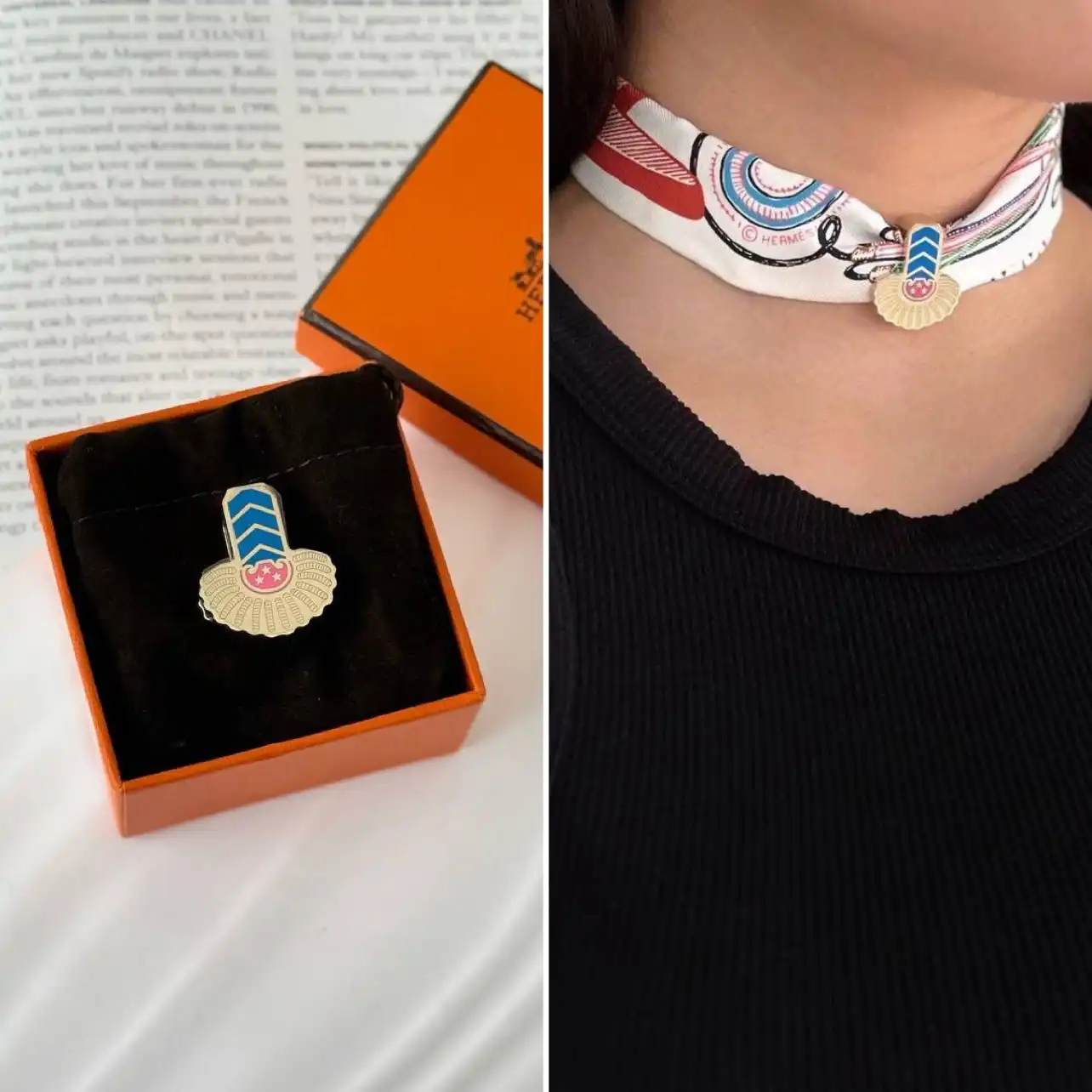 Hermes Hermes Epaulette Twilly Scarf Ring Permabrass / Bleu Vif / Rose