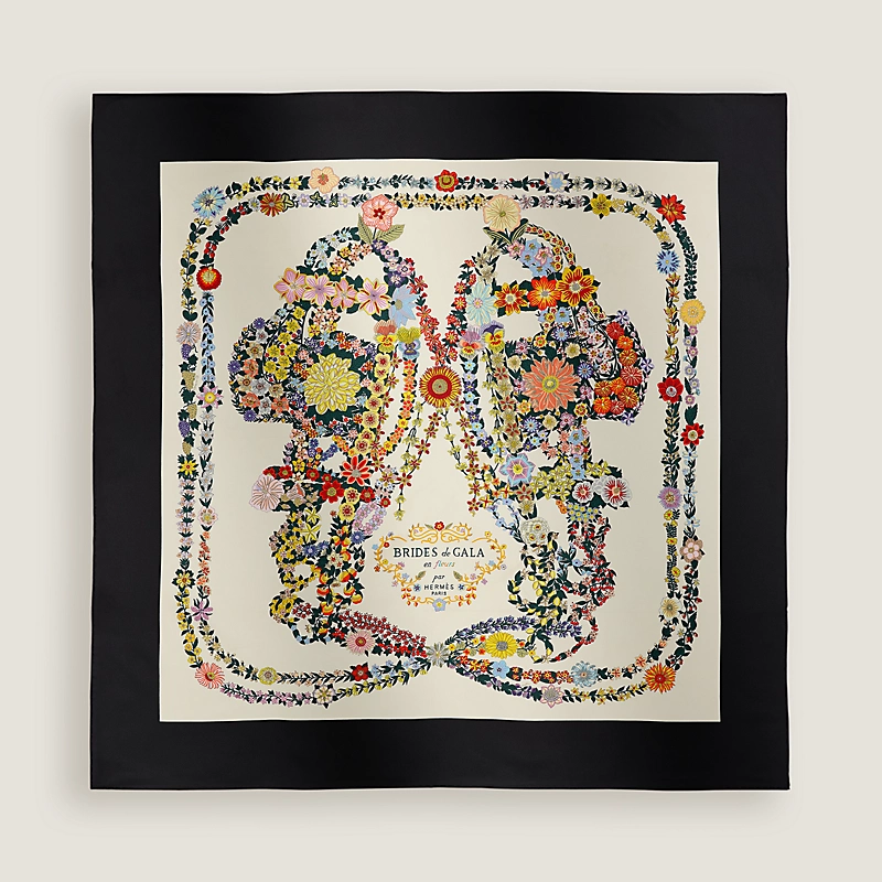Hermes Hermes Brides de Gala en Fleurs Scarf 90 Noir / Ivoire / Multicolore