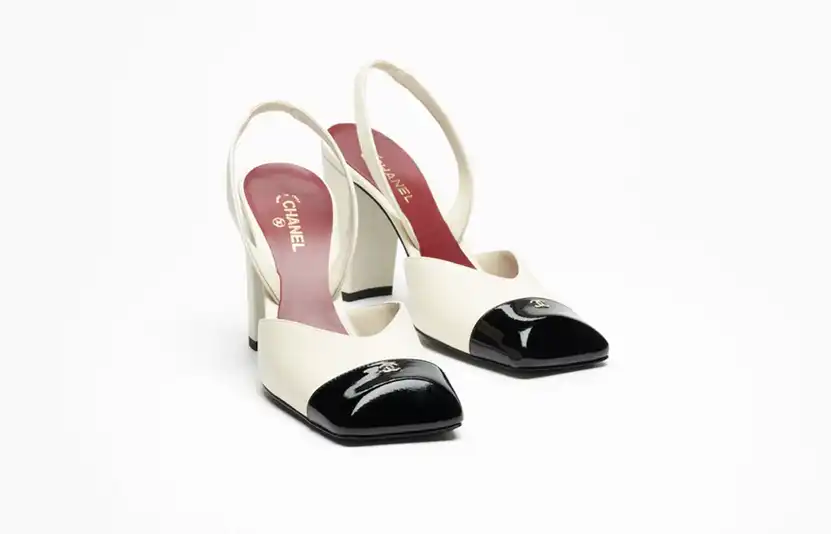 CHANEL Chanel Slingbacks Square Patent Calfskin Ivory & Black