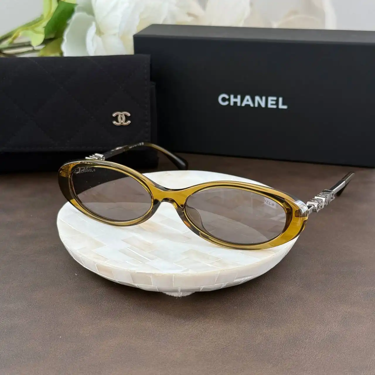CHANEL Chanel Oval Sunglasses Frame Acetate & Metal Beige Lenses Olive