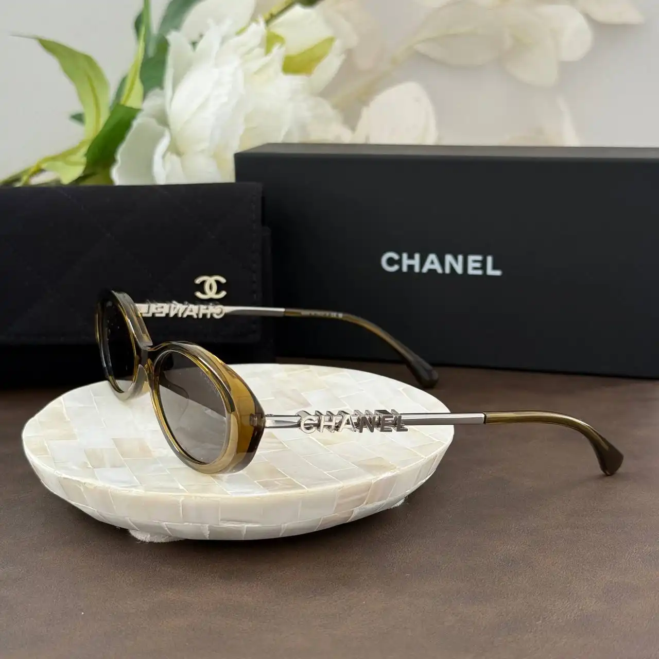 CHANEL Chanel Oval Sunglasses Frame Acetate & Metal Beige Lenses Olive