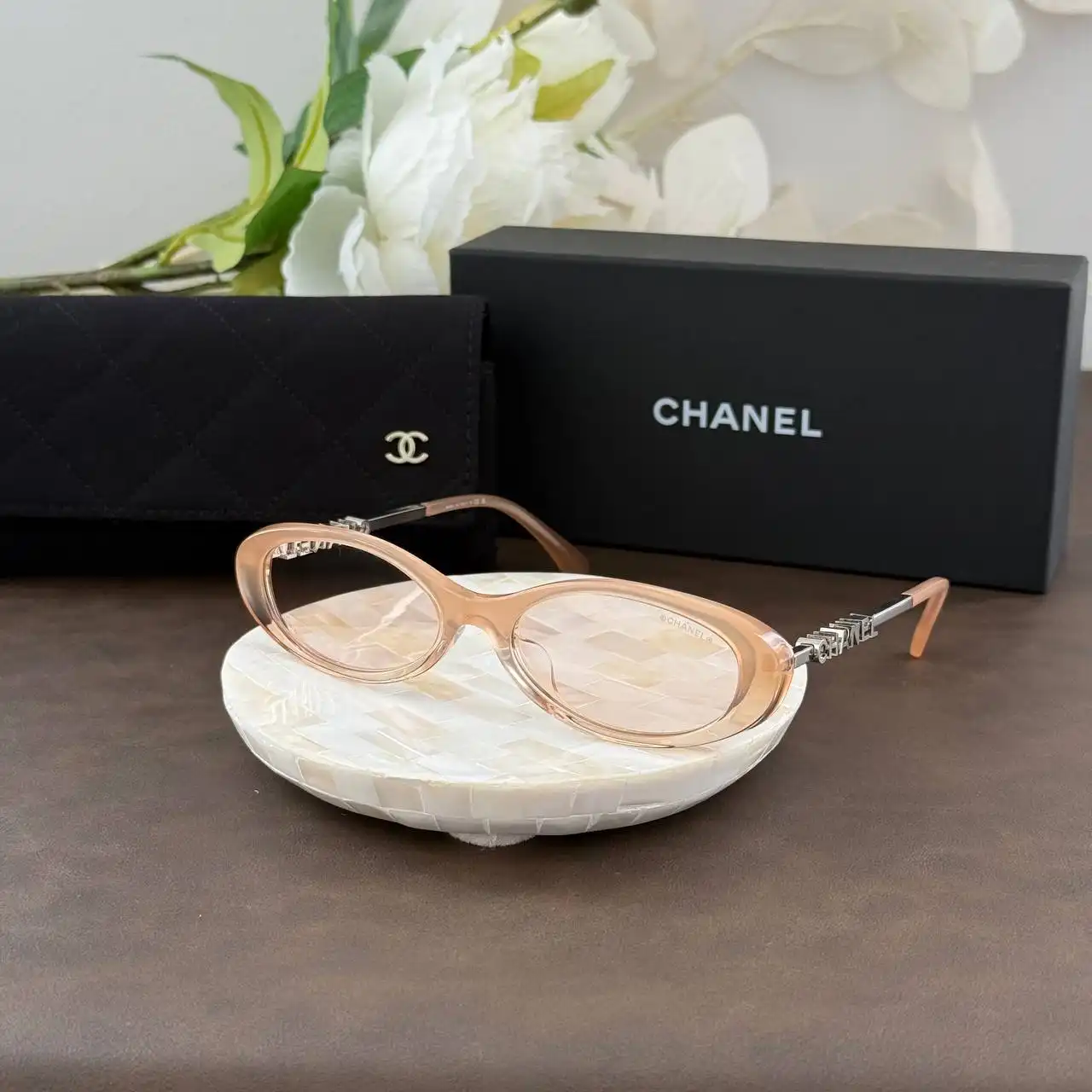 CHANEL Chanel Oval Sunglasses Frame Acetate & Metal Beige Lenses Beige