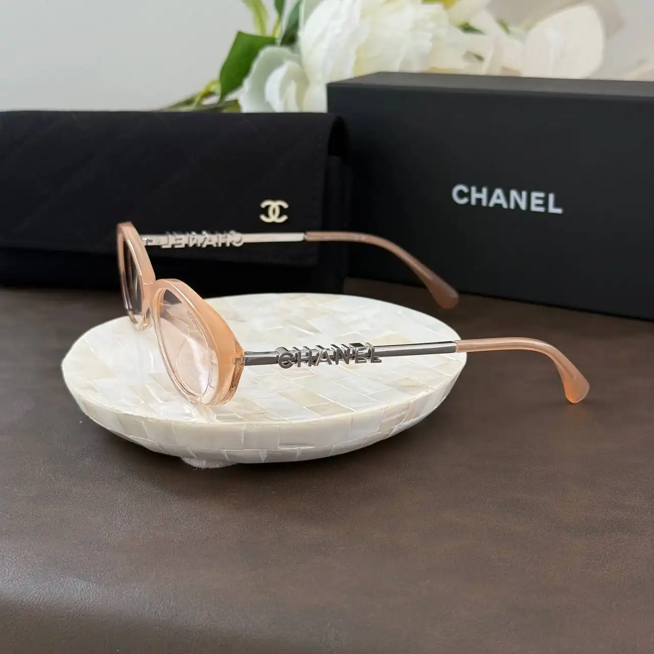 CHANEL Chanel Oval Sunglasses Frame Acetate & Metal Beige Lenses Beige