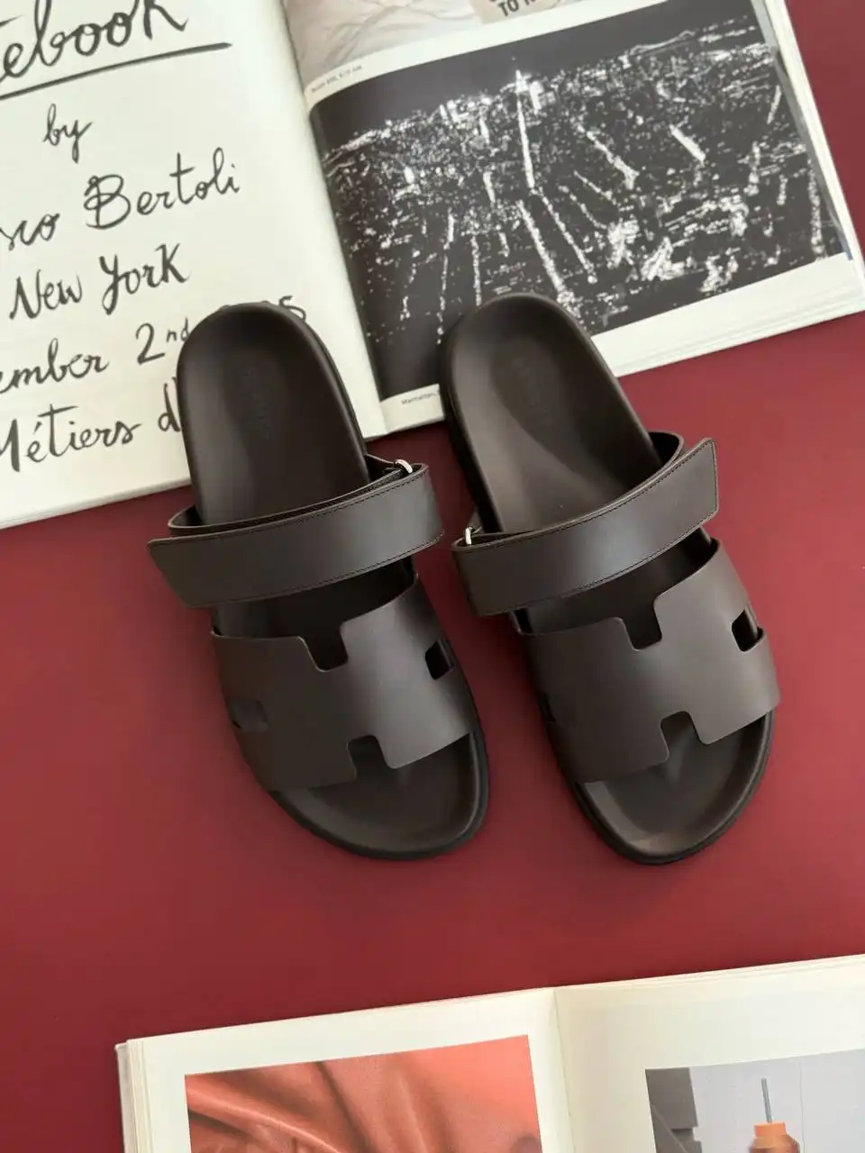 Hermes Hermes Chypre Sandals Maroon Ebene
