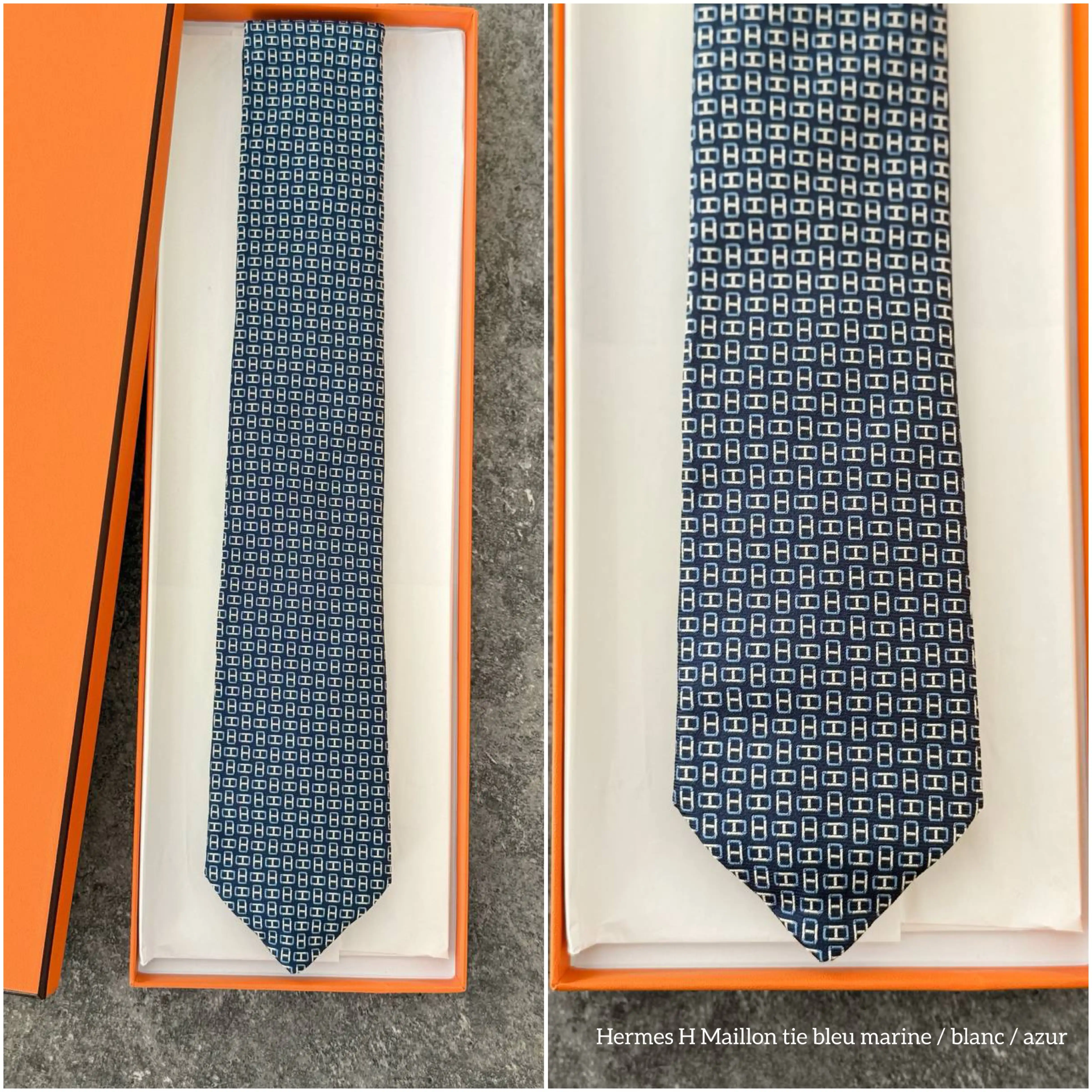 Hermes Hermes H Maillon Tie Bleu Marine / Blanc / Azur