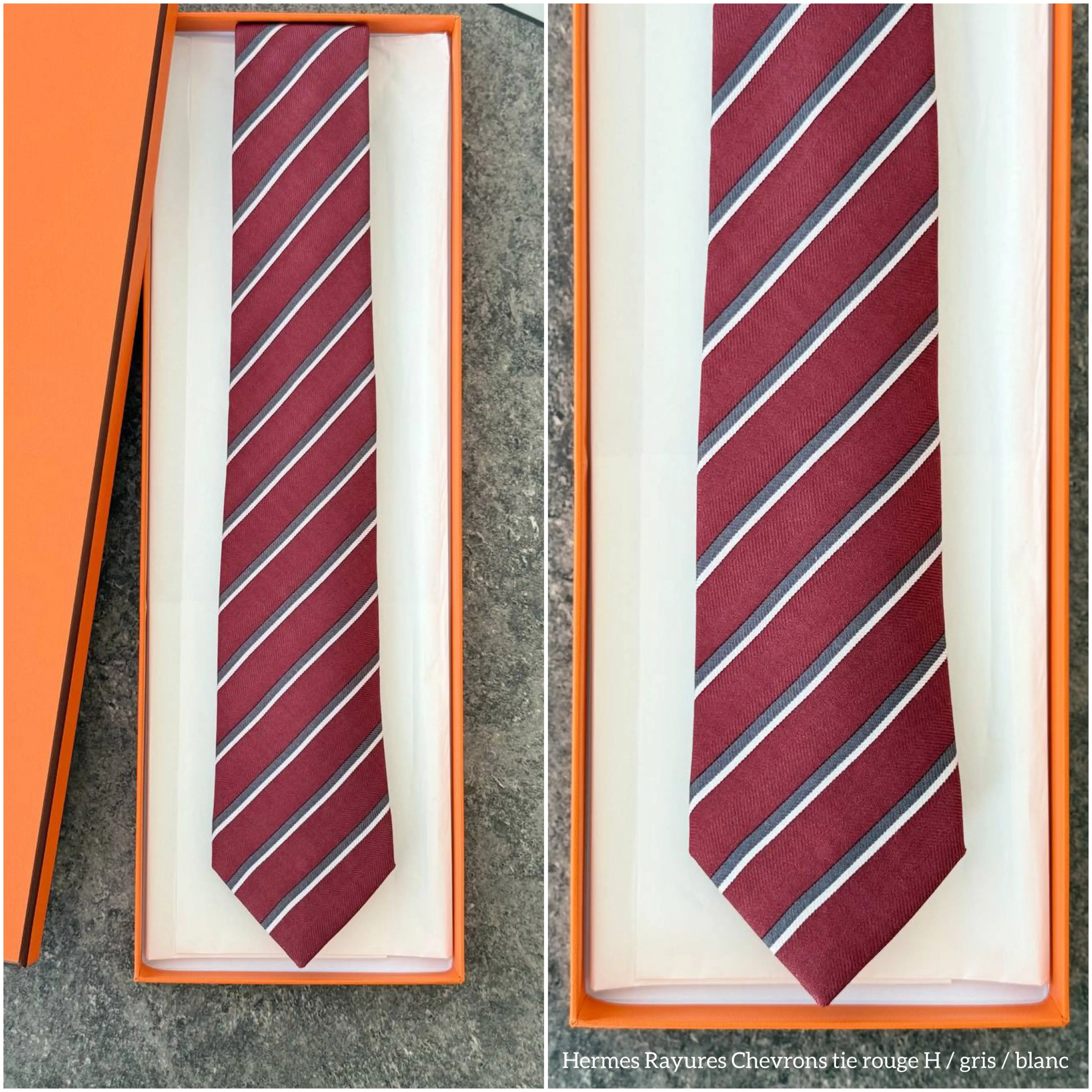 Hermes Hermes Rayures Chevrons Tie Rouge H / Gris / Blanc