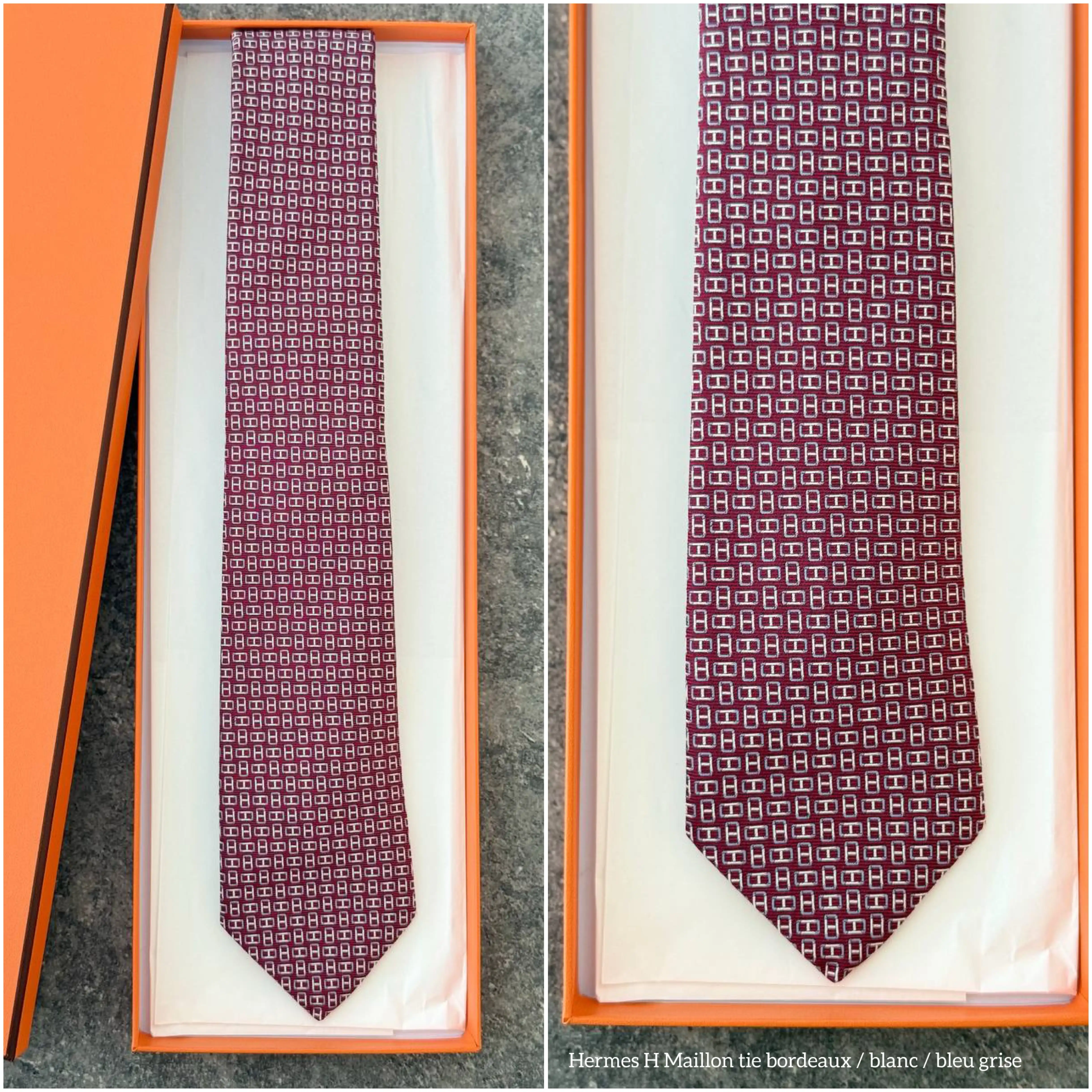 Hermes Hermes H Maillon Tie Bordeaux / Blanc / Bleu Grise