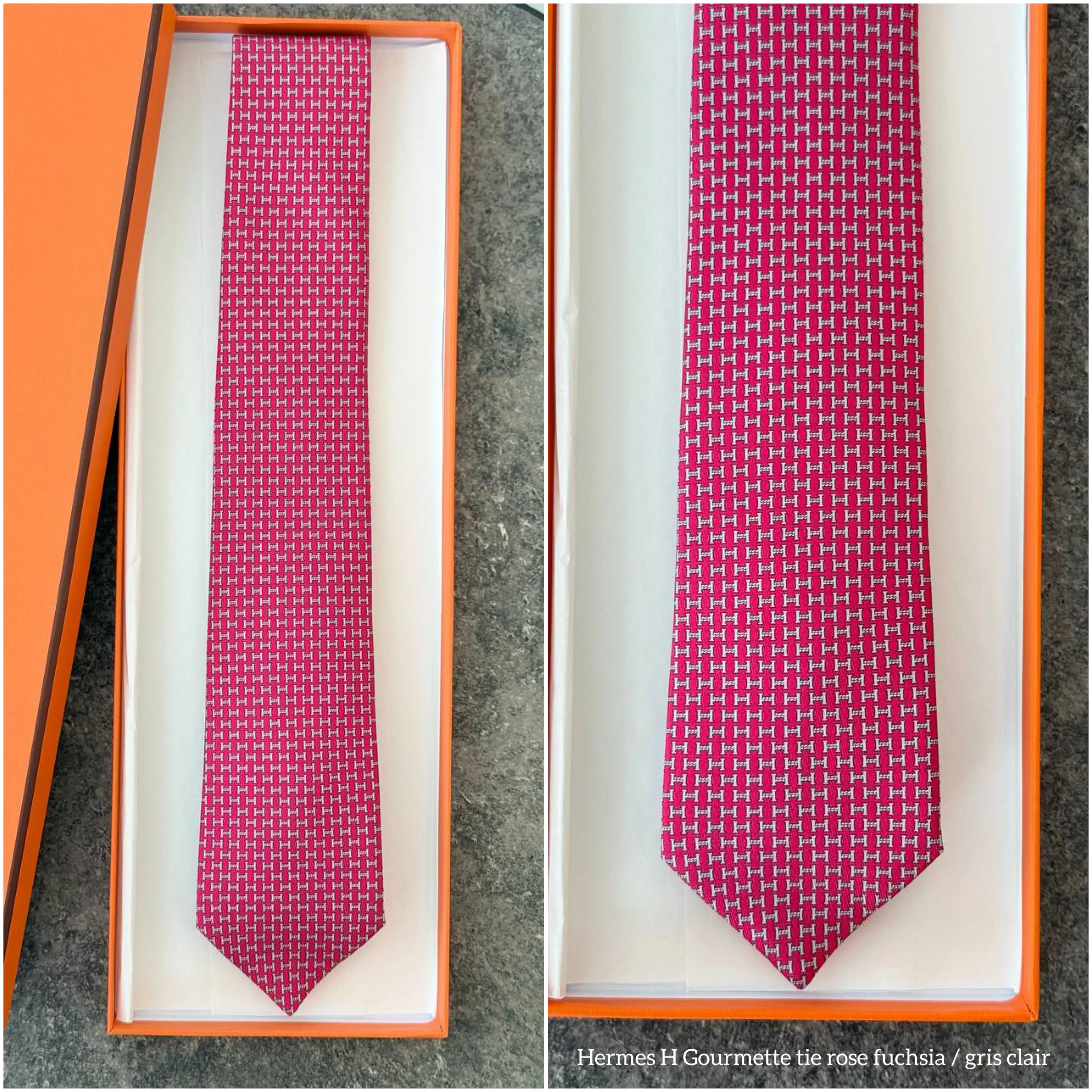 Hermes Hermes H Gourmette Tie Rose Fuchsia / Gris Clair