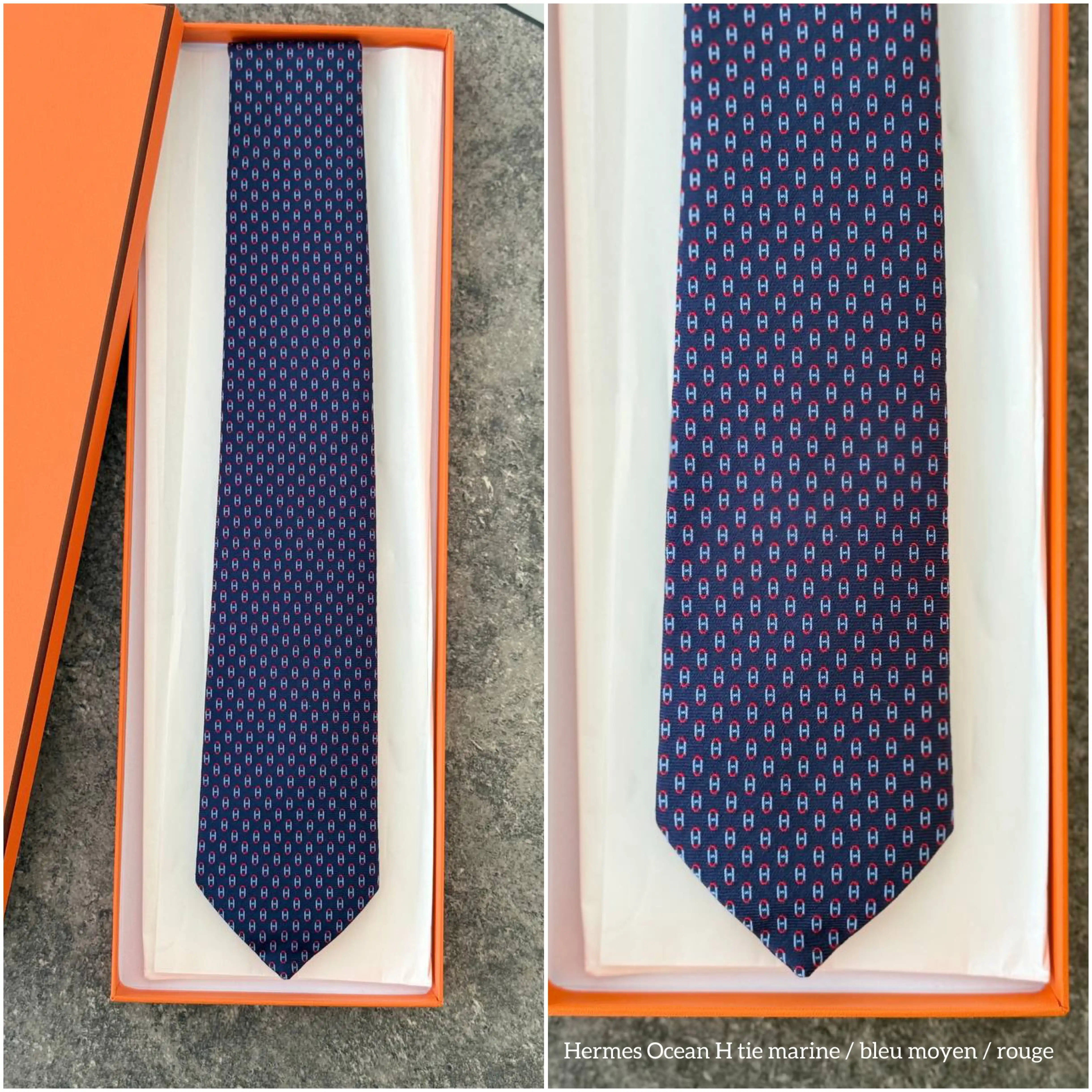 Hermes Hermes Ocean H Tie Marine / Bleu Moyen / Rouge