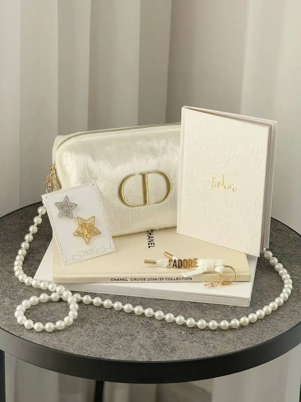 Dior Pouch Sling Shimmer White Set with Pearl Chain - Inside : Dior Notebook + Dior Hairclip + Dior Key Chain