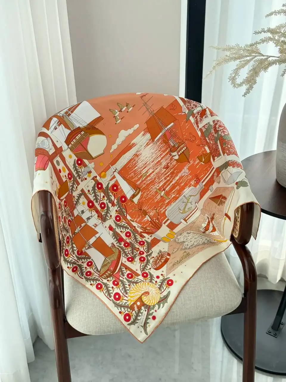 Hermes Hermes LEsprit sEnvole Scarf 90 Creme / Orange Cuit / Vert Amande