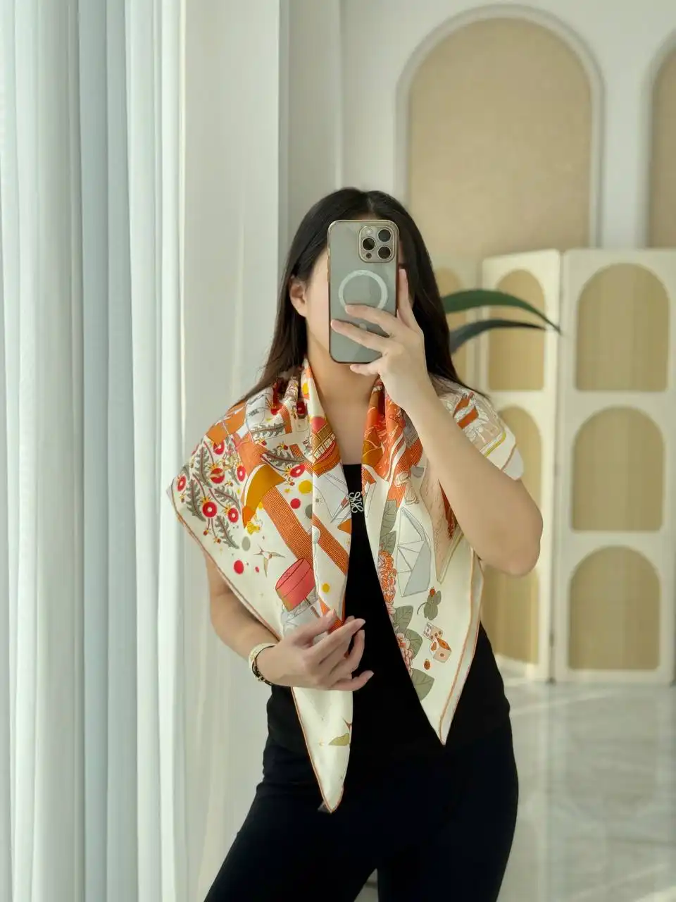 Hermes Hermes LEsprit sEnvole Scarf 90 Creme / Orange Cuit / Vert Amande