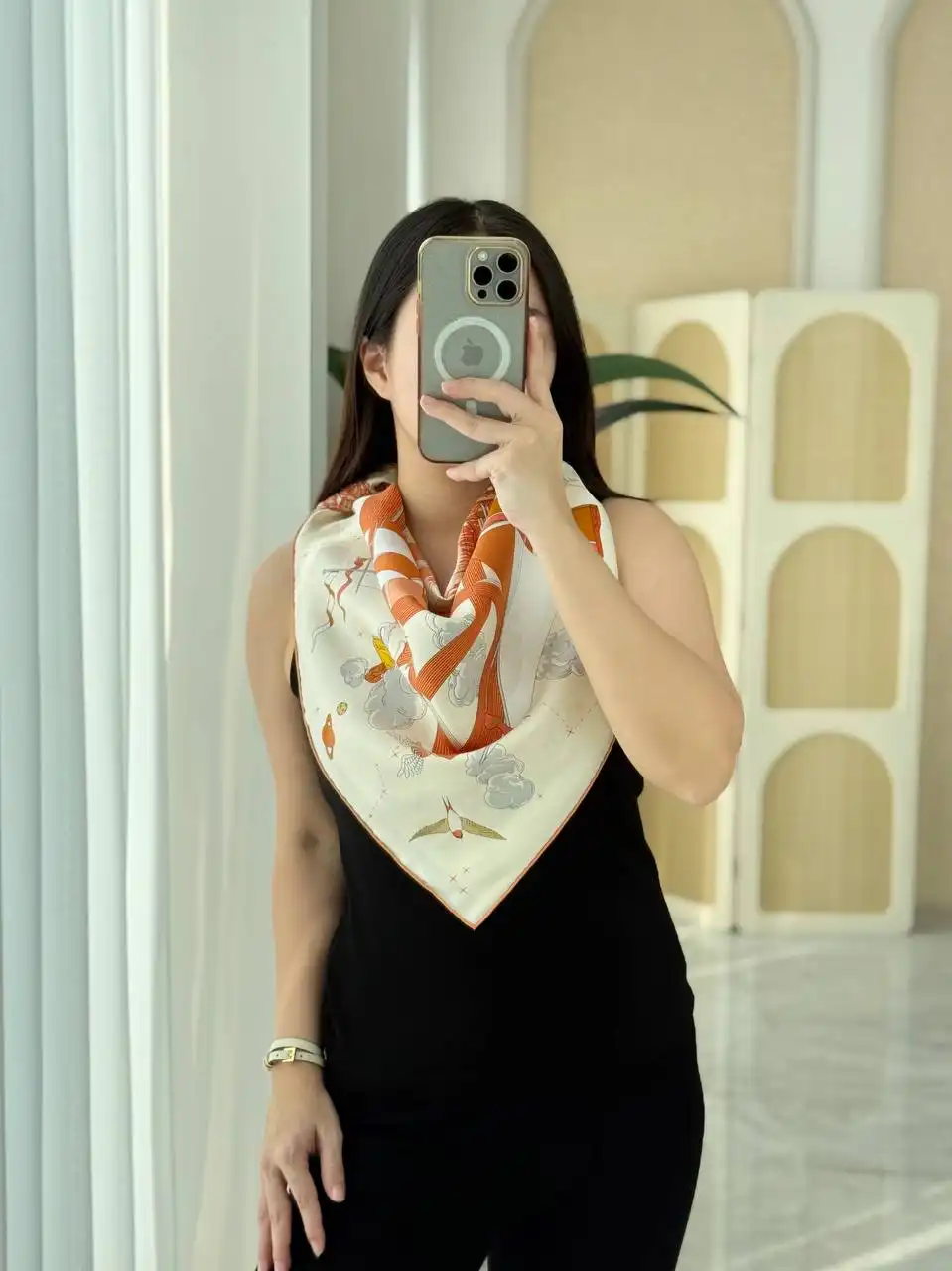 Hermes LEsprit sEnvole Scarf 90 Creme / Orange Cuit / Vert Amande - photo 3