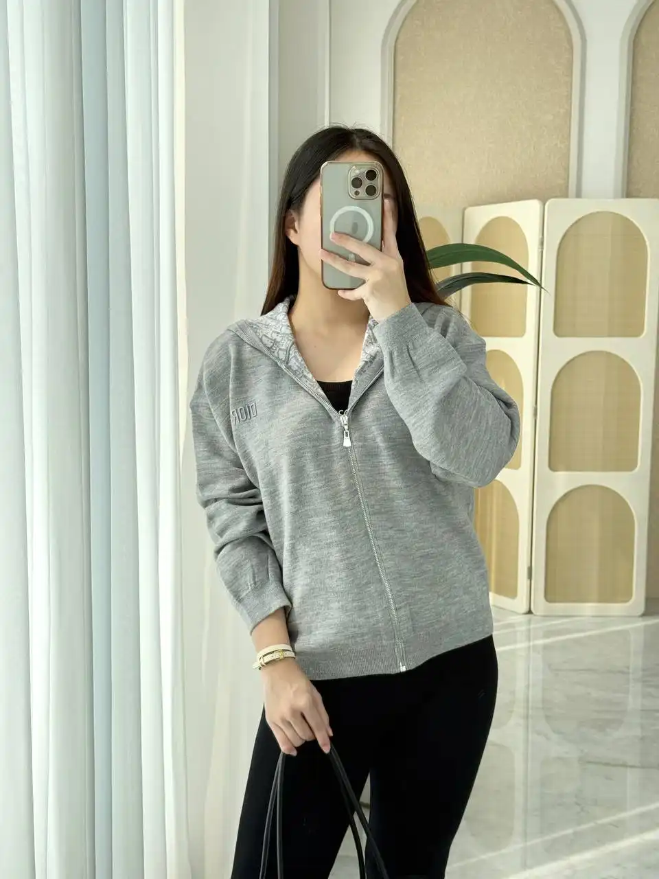 DIOR Dior Reversible Zipped Cardigan with Hood Gray Wool Knit and Dior Oblique Jacquard