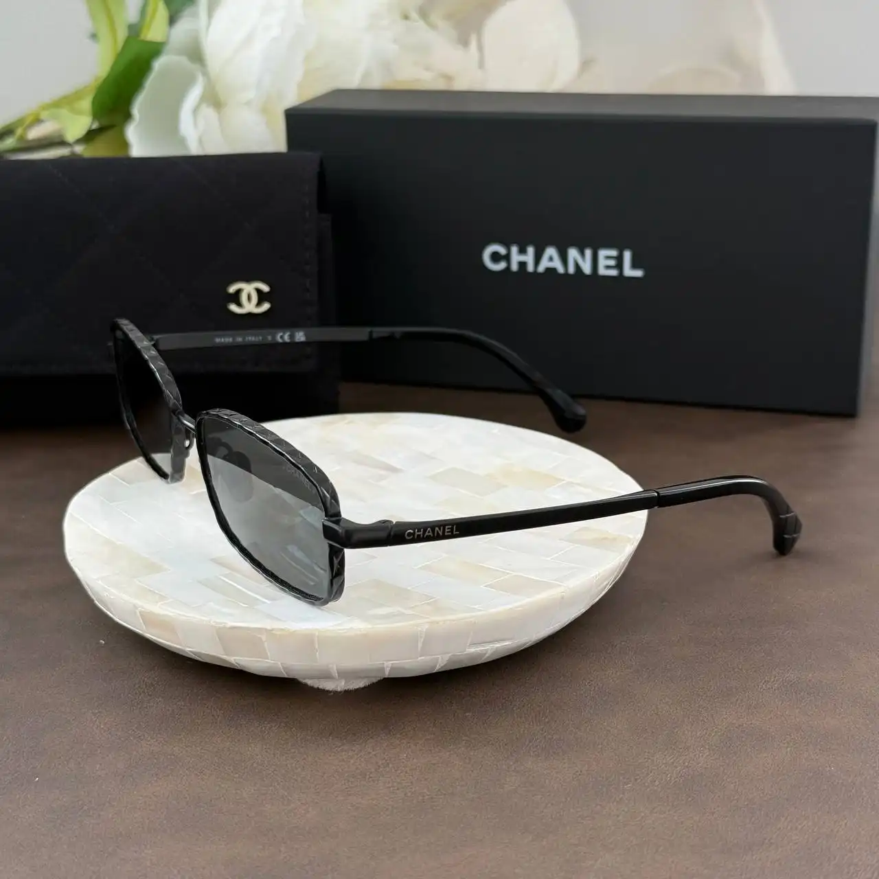 CHANEL Chanel Rectangle Sunglasses Frame Metal Black With Lenses Black