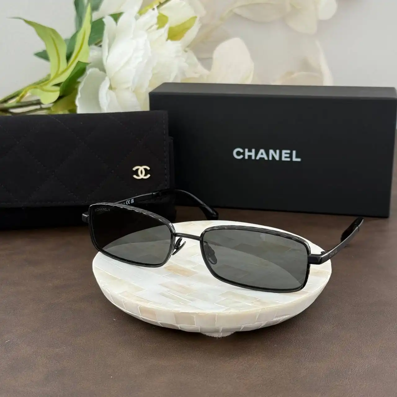 CHANEL Chanel Rectangle Sunglasses Frame Metal Black With Lenses Black
