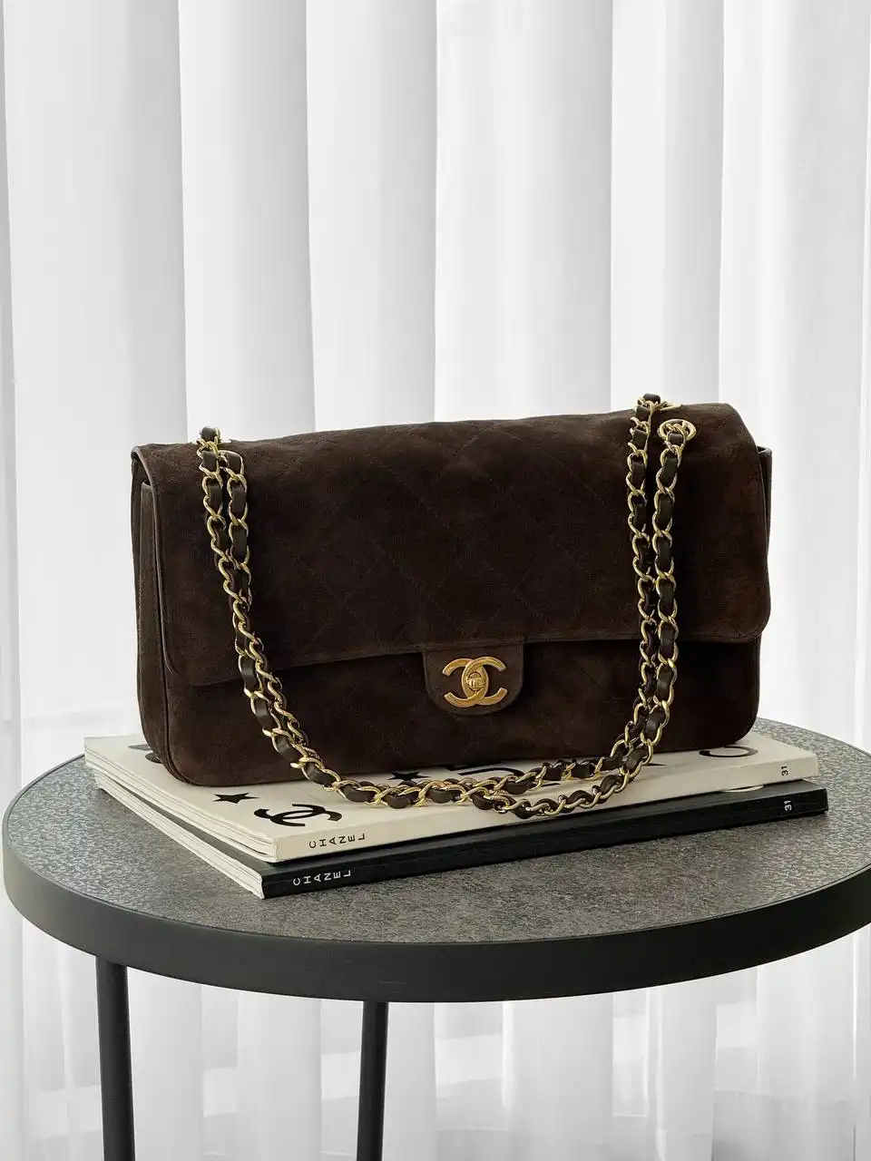 CHANEL Maxi Flap XL Velvet Dark Brown GHW 32cm | Snowceline Luxuries