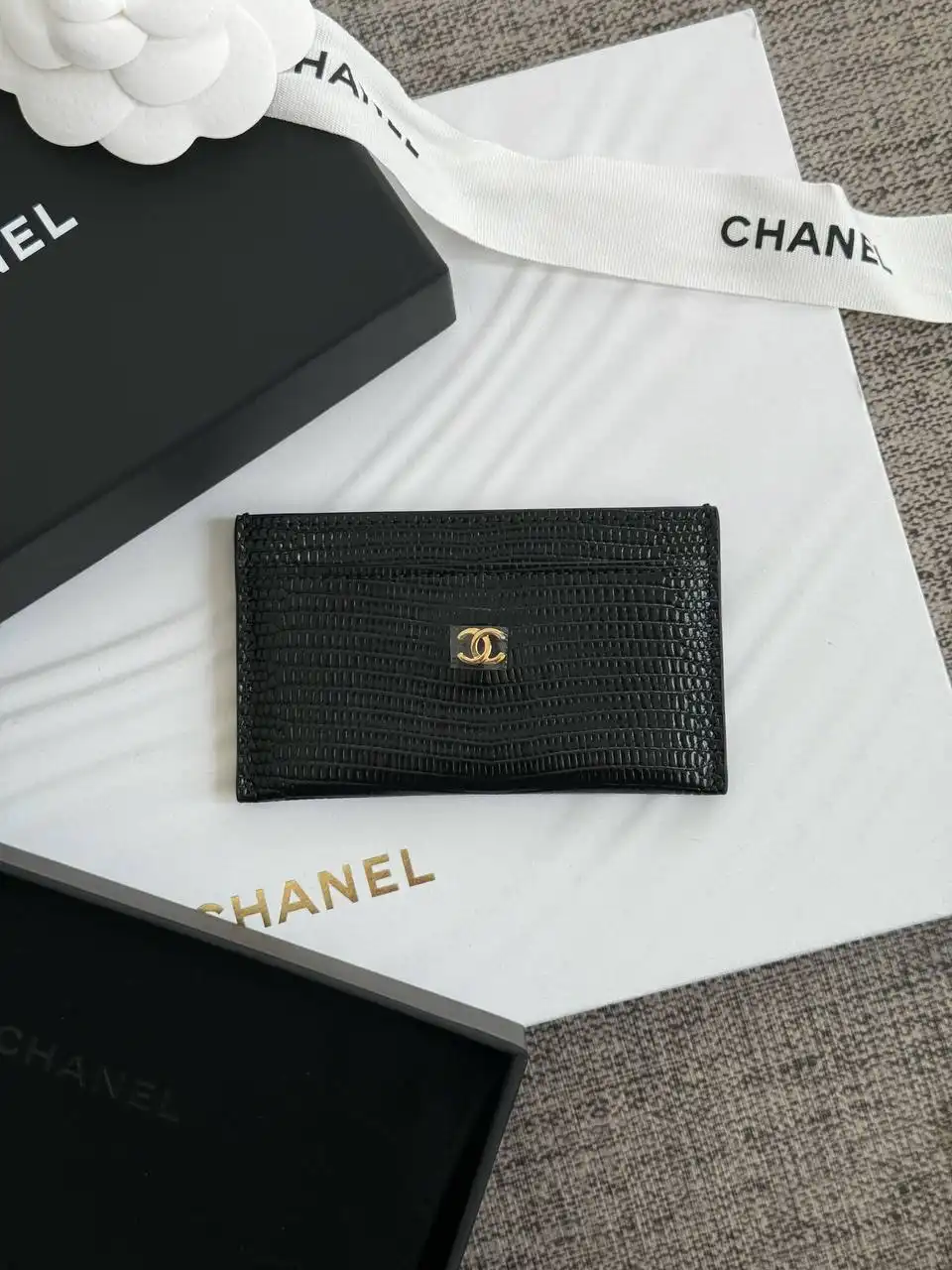 CHANEL Chanel Classic Card Holder Lizzard Black GHW