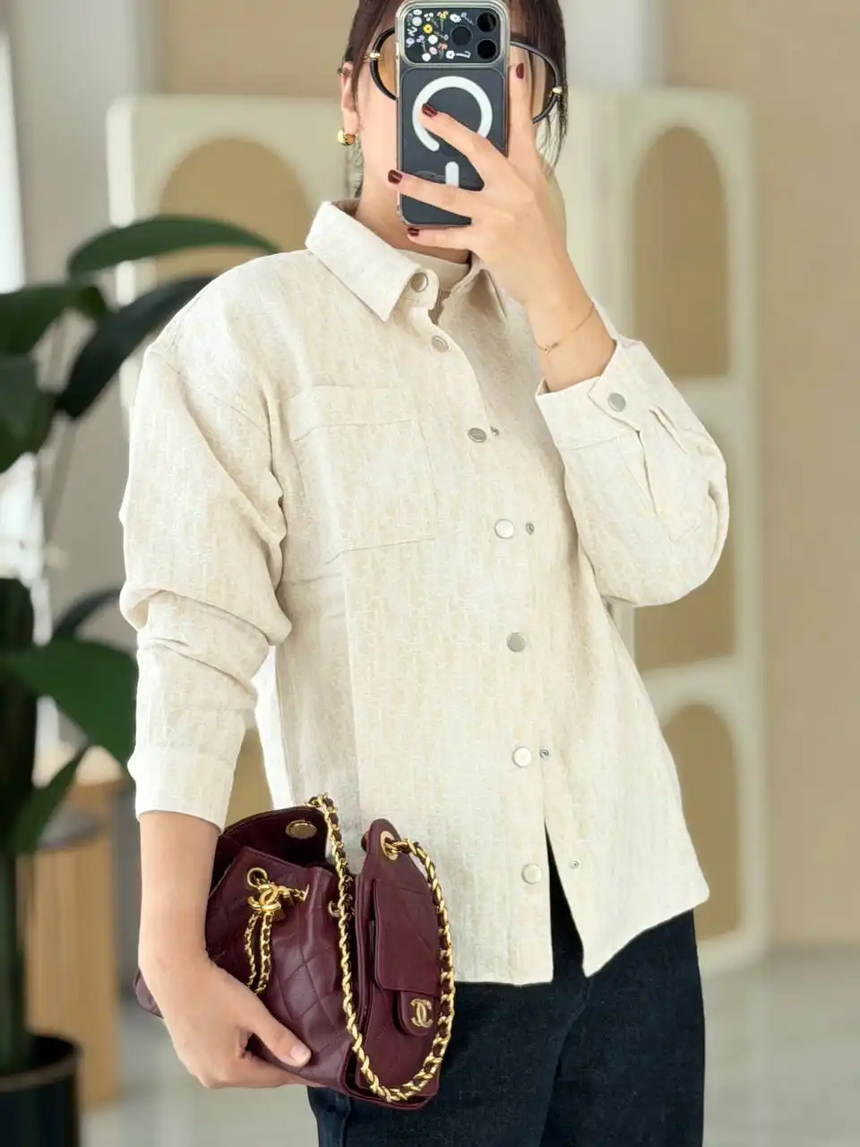 DIOR Overshirt Beige Cotton Gabardine with Dior Oblique Jacquard