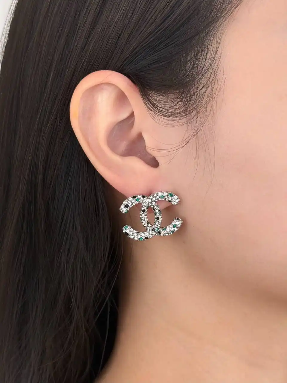 CHANEL Chanel Earrings Sparkling Crystal CC Silver