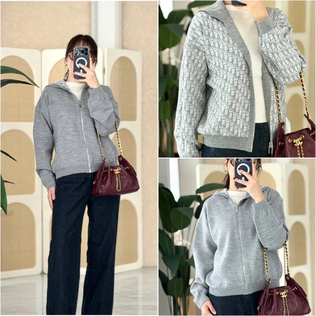 DIOR Dior Reversible Zipped Cardigan with Hood Gray Wool Knit and Dior Oblique Jacquard