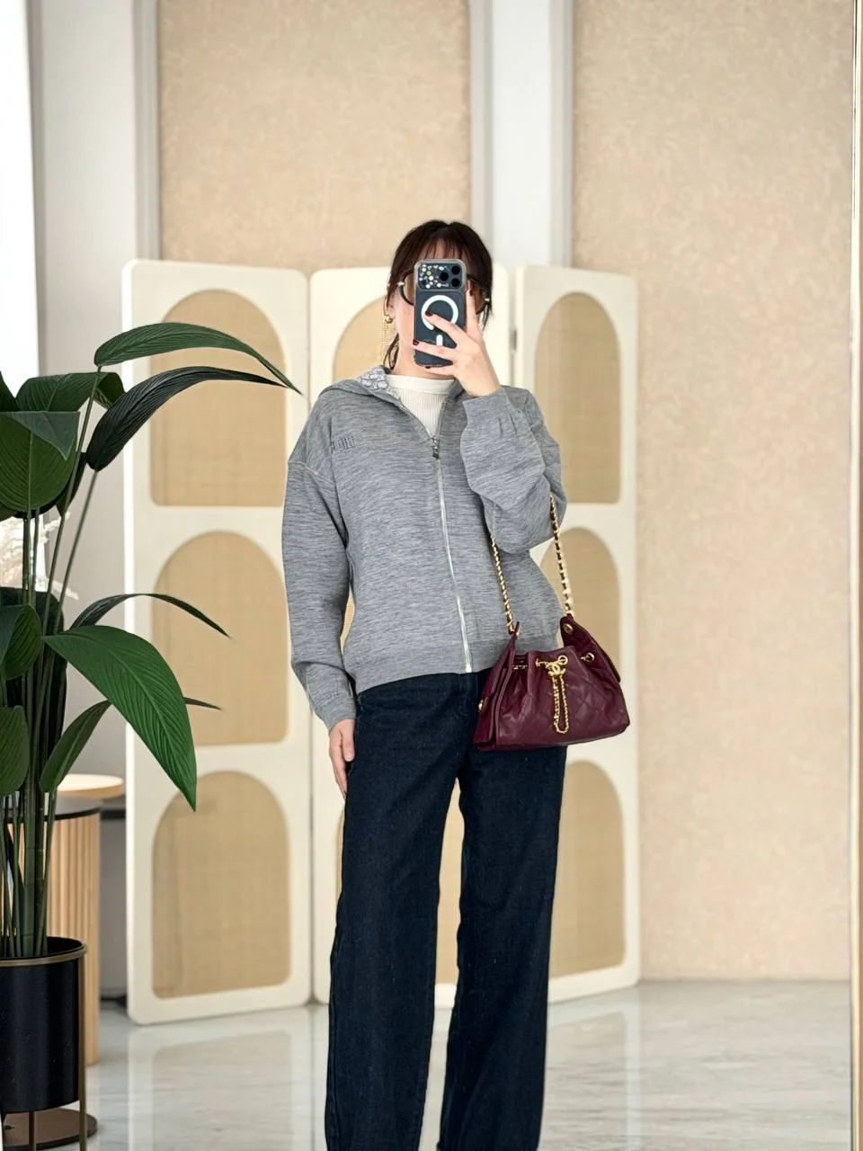 DIOR Dior Reversible Zipped Cardigan with Hood Gray Wool Knit and Dior Oblique Jacquard