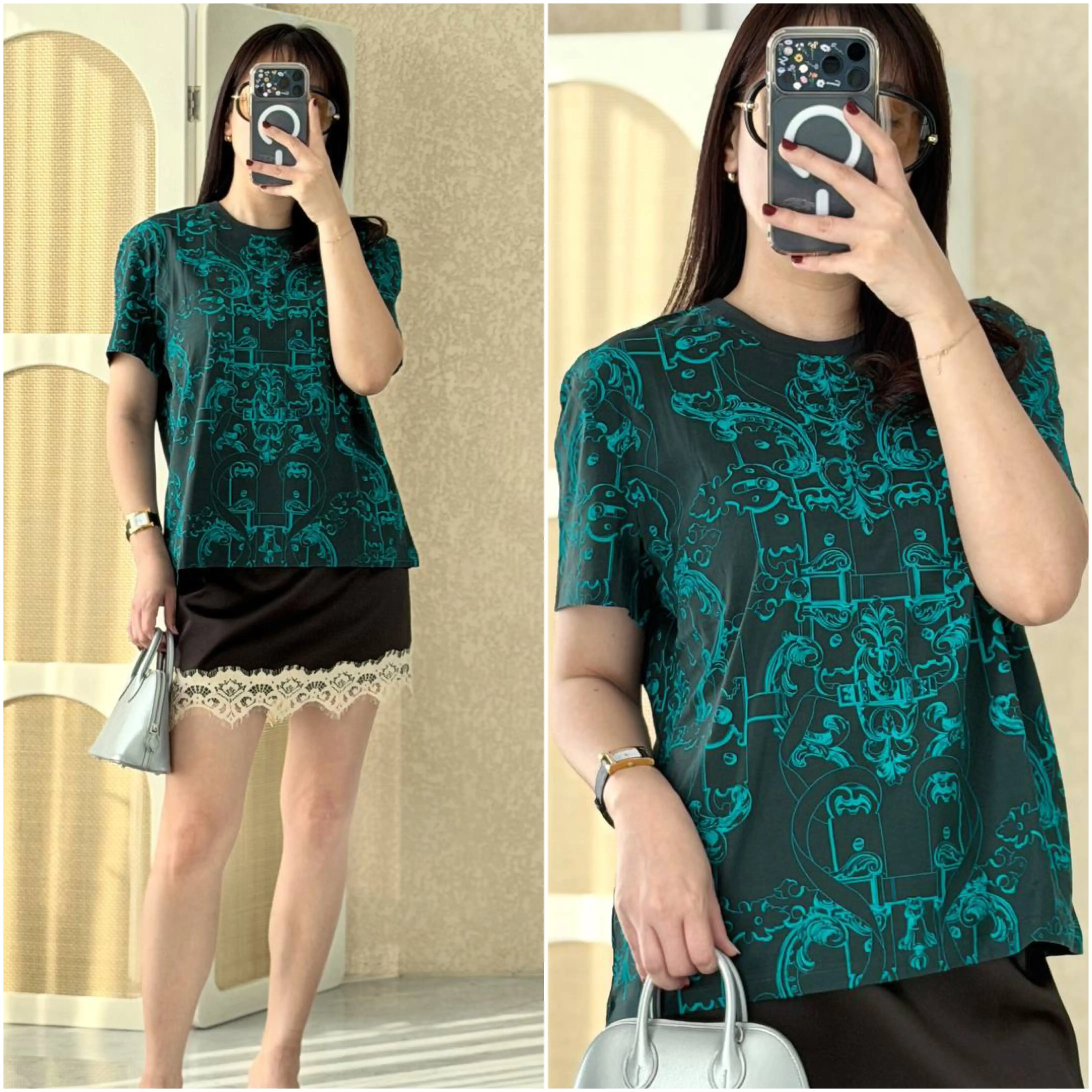 Hermes Hermes Tshirt Droit Imprime Ferronnerie Remix Vert Pin