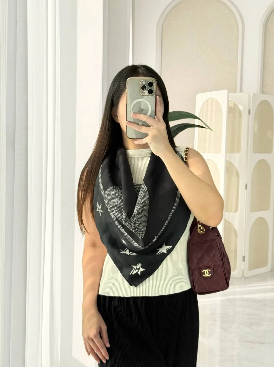 CHANEL Chanel Silk Scarf CC Stars