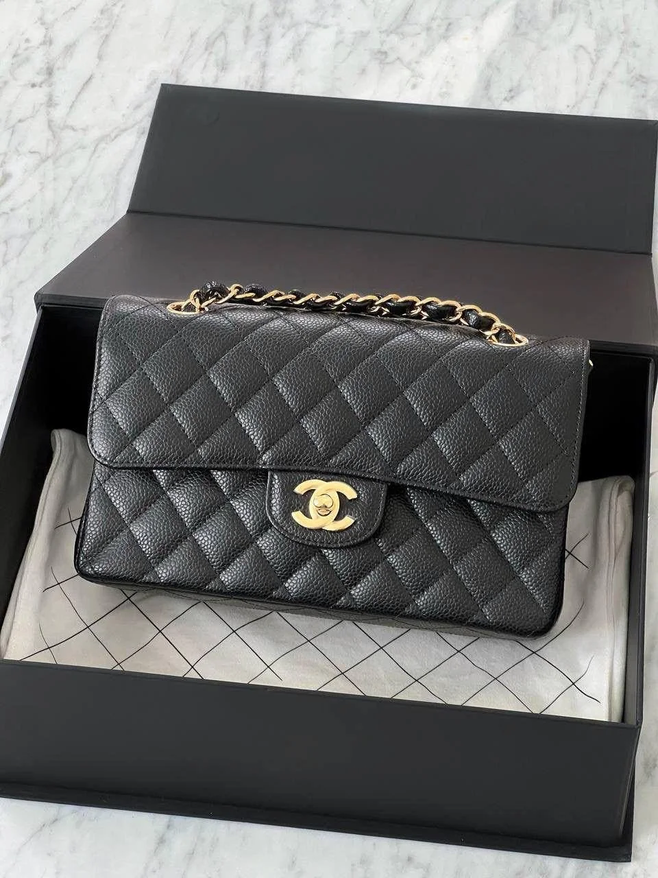 CHANEL Chanel Classic Small Black Caviar GHW