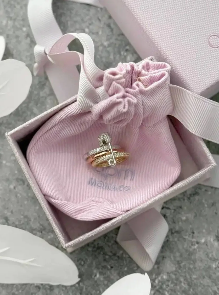 APM Monaco Morse Code Love, Smile, Bonheur Triple Hoop Safety Pin Ring 18k Rose Gold Plated - photo 1