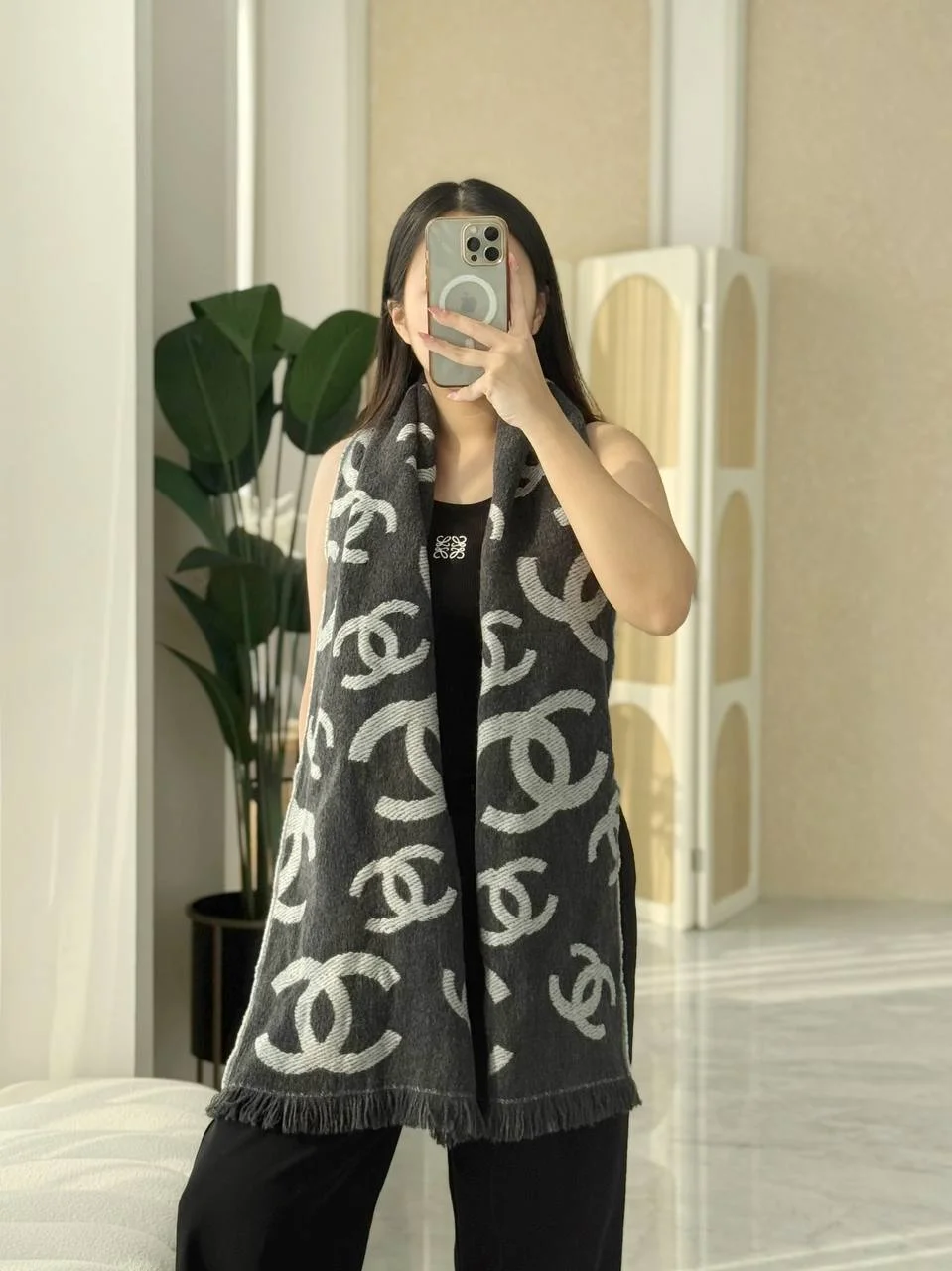 CHANEL Chanel Scarf Dark Grey Logo Grey