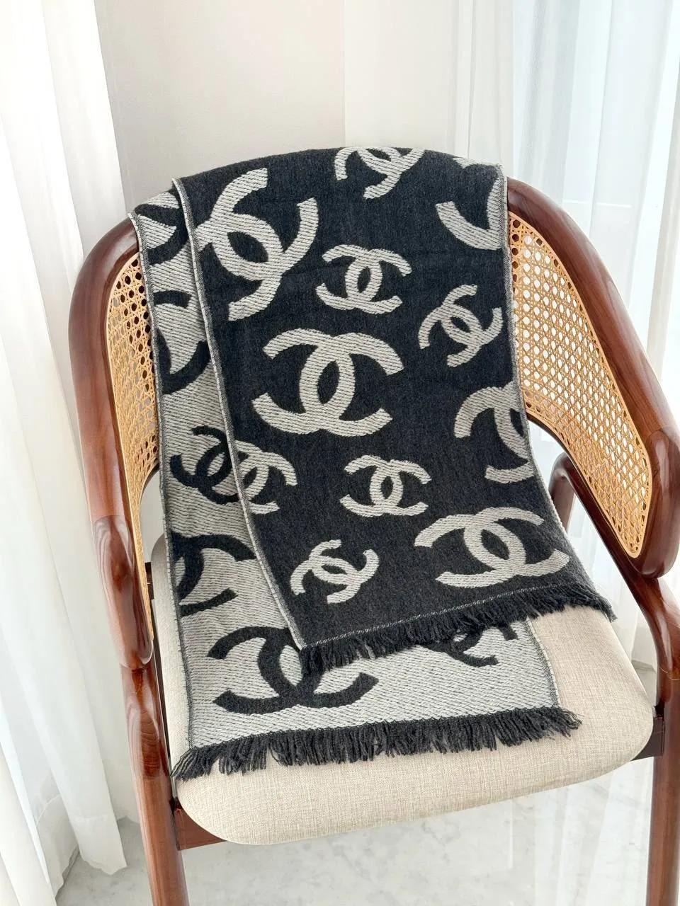 CHANEL Chanel Scarf Dark Grey Logo Grey