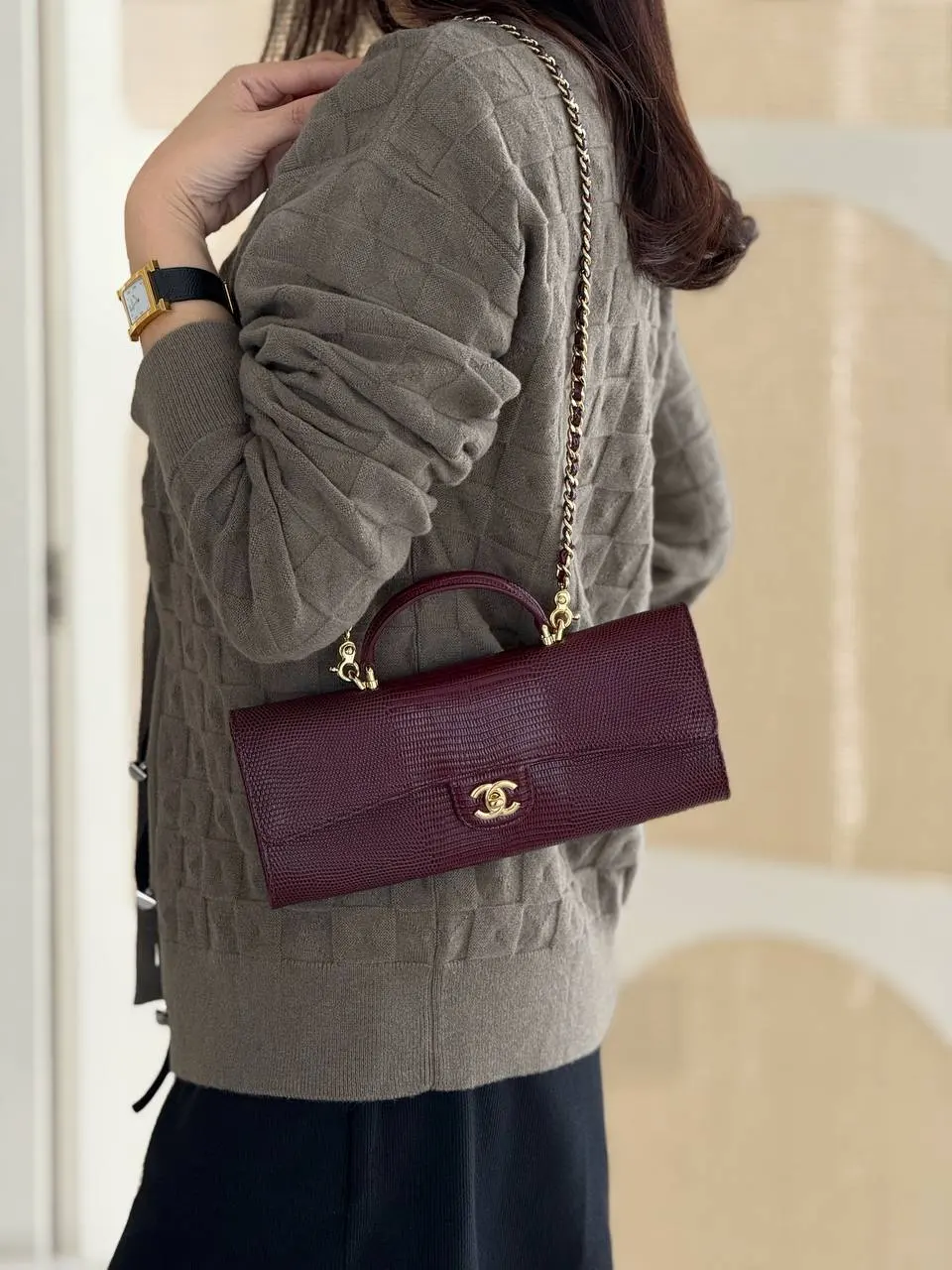 CHANEL Chanel Clutch With Chain Lizzard Burgundy GHW
