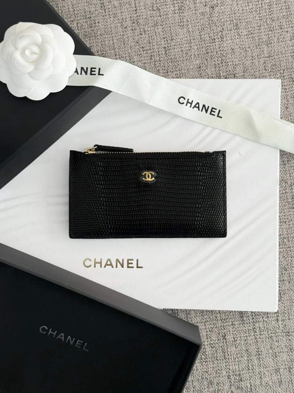 CHANEL Chanel Card Wallet Thin With Zipper Lizzard Black GHW