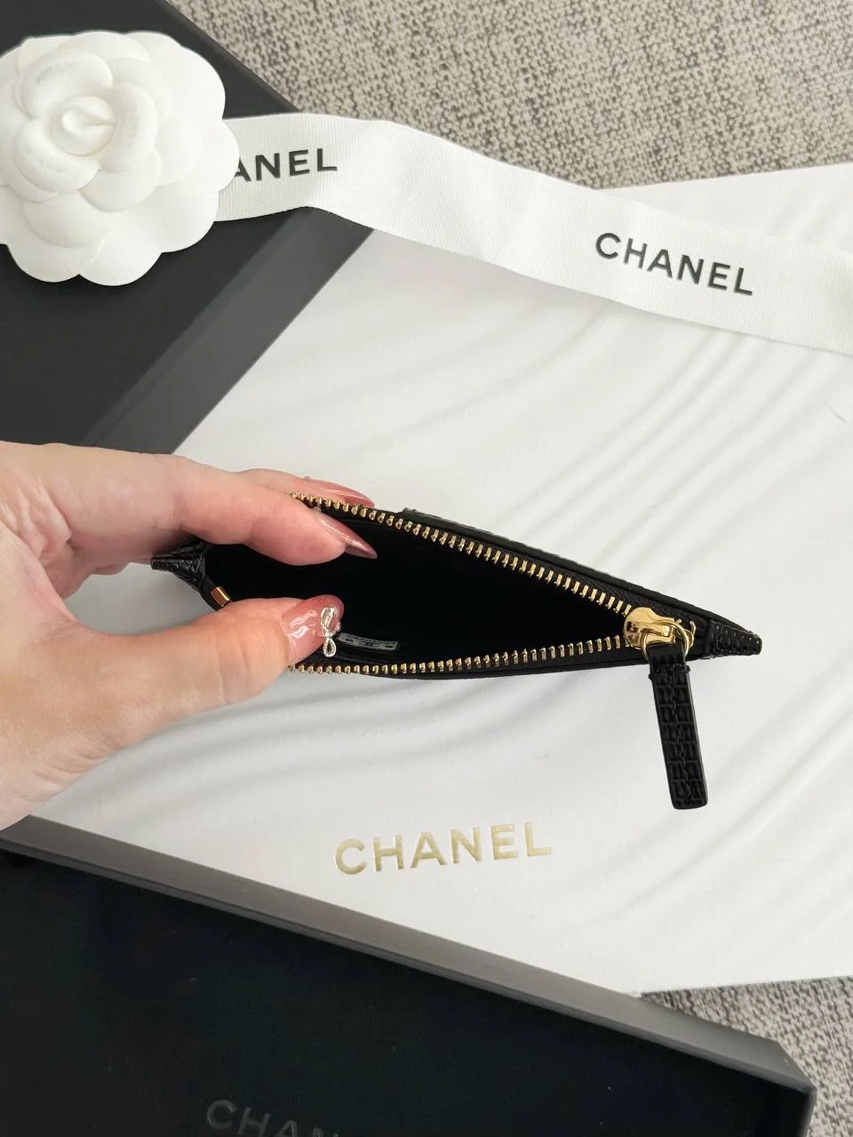 CHANEL Chanel Card Wallet Thin With Zipper Lizzard Black GHW