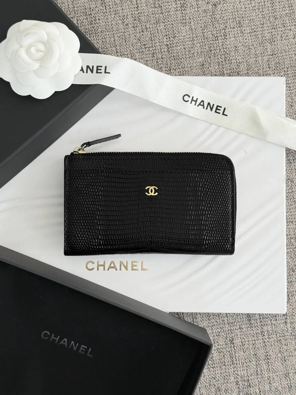 CHANEL Chanel Card Wallet With Zip Lizzard Black GHW