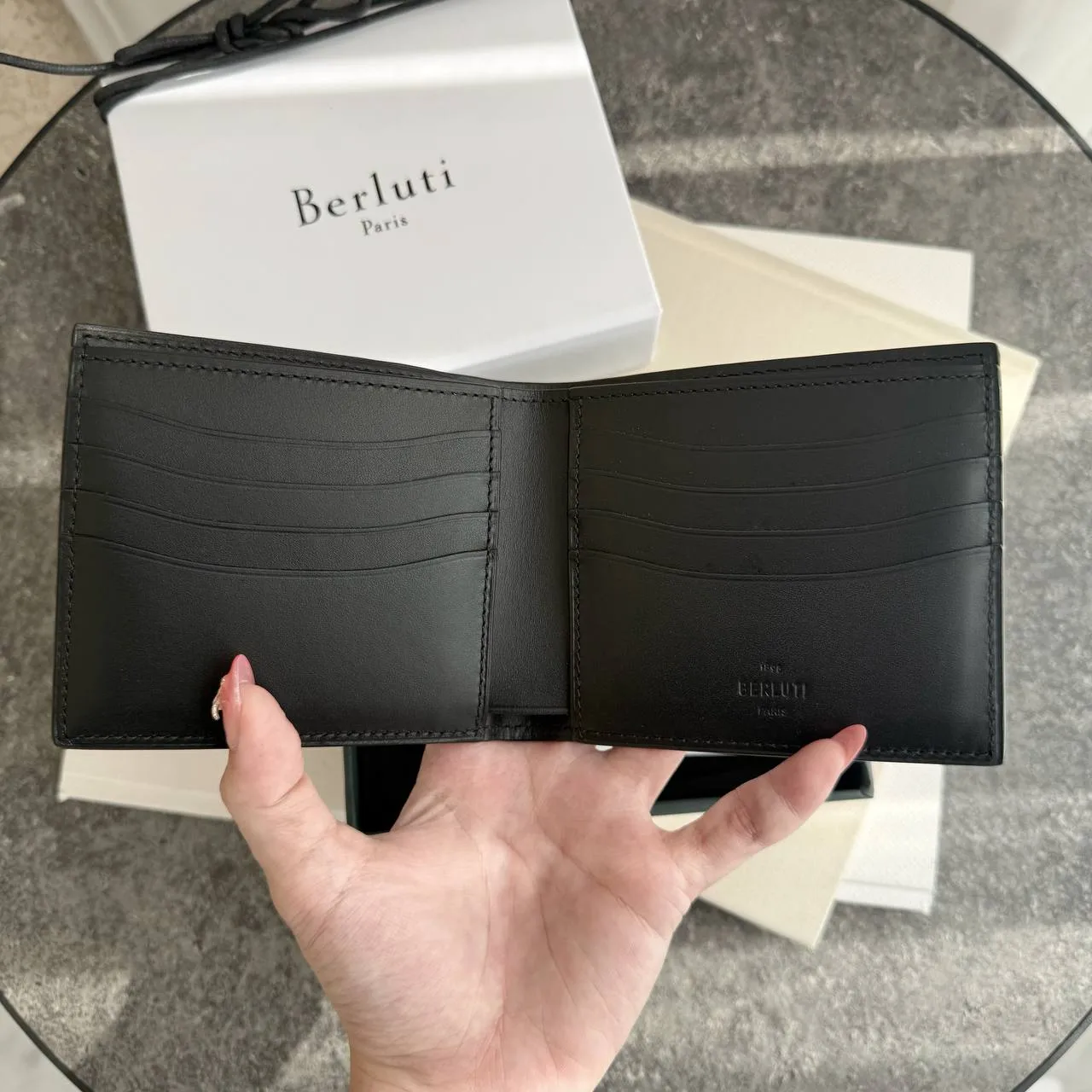 Berluti Berluti Makore Compact Wallet Venezia Calf Leather Nero Grigio