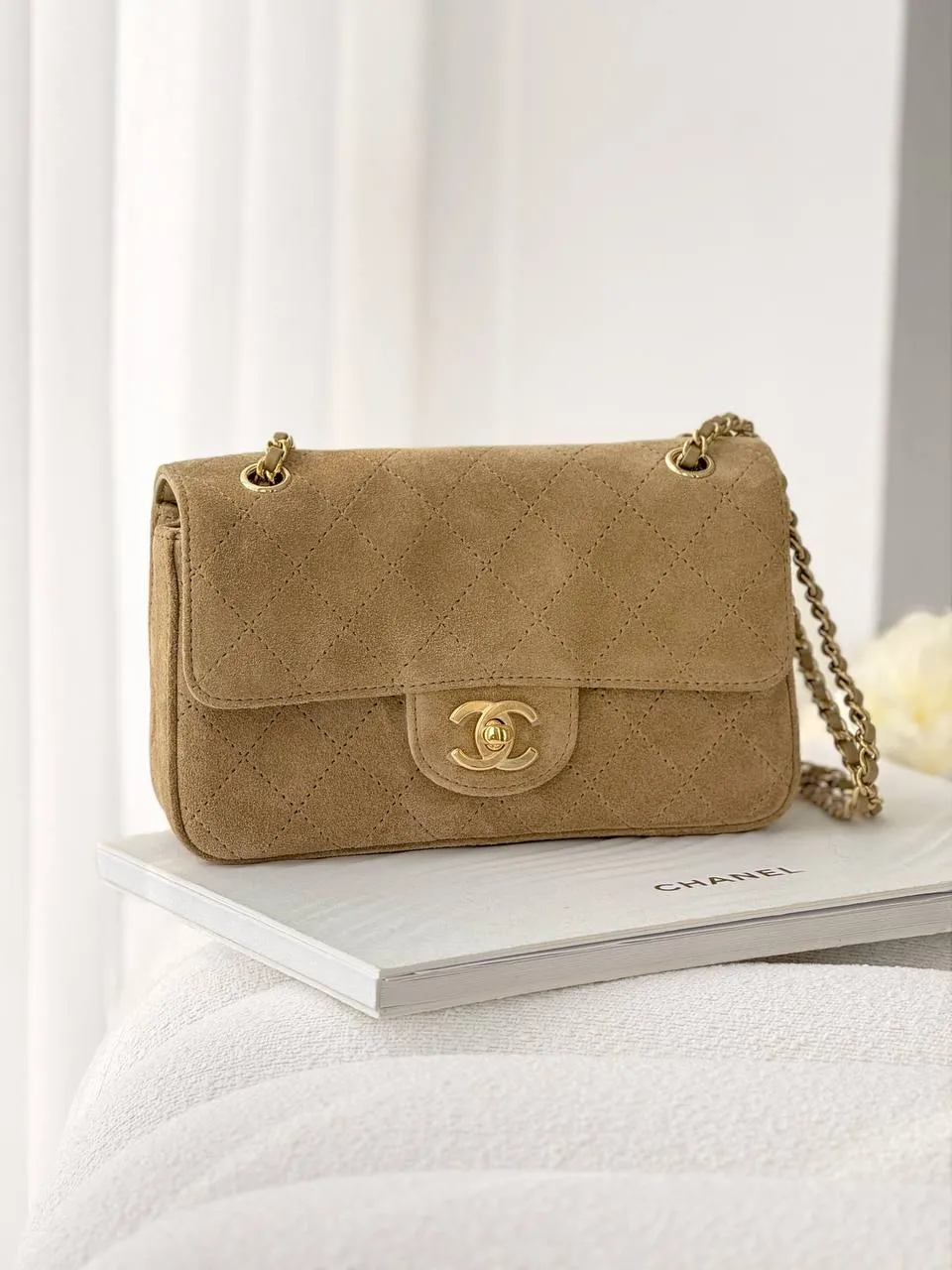CHANEL Chanel Mini Classic Flap Velvet Beige GHW