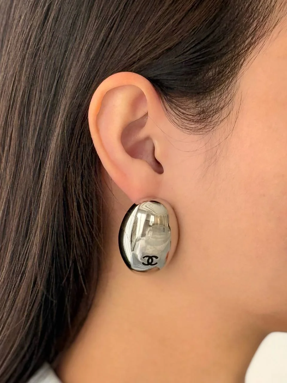 CHANEL Chanel Oval Dome Black CC Silver Earrings