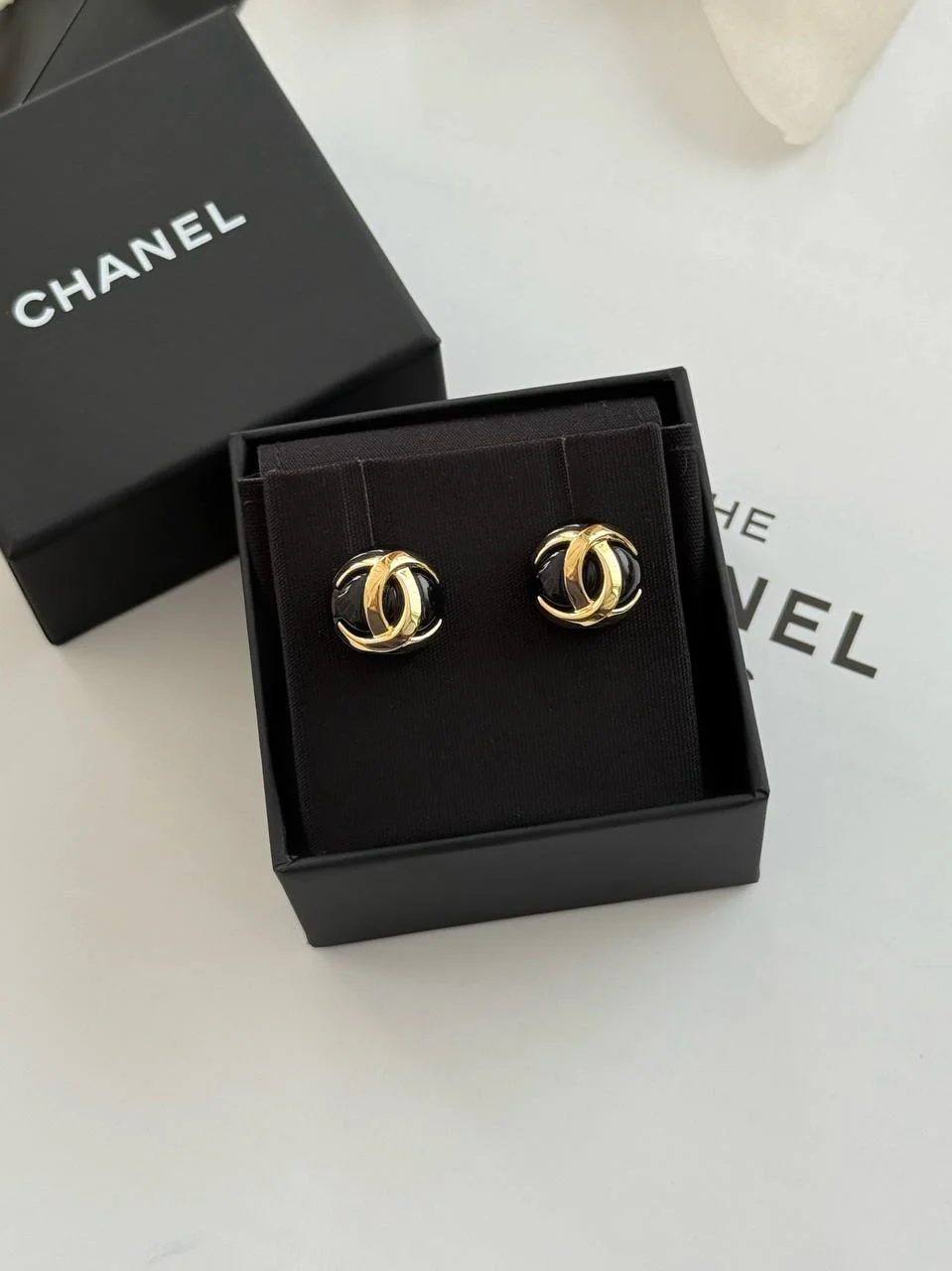 CHANEL Chanel Black Enamel CC Gold Dome Earrings