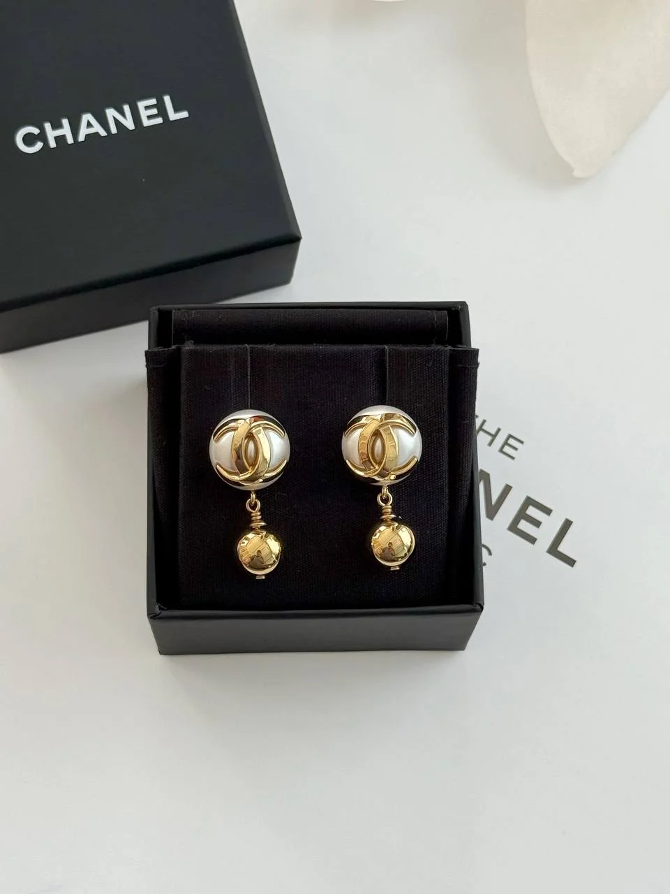 CHANEL Chanel White Gold CC Ball Drop Earrings